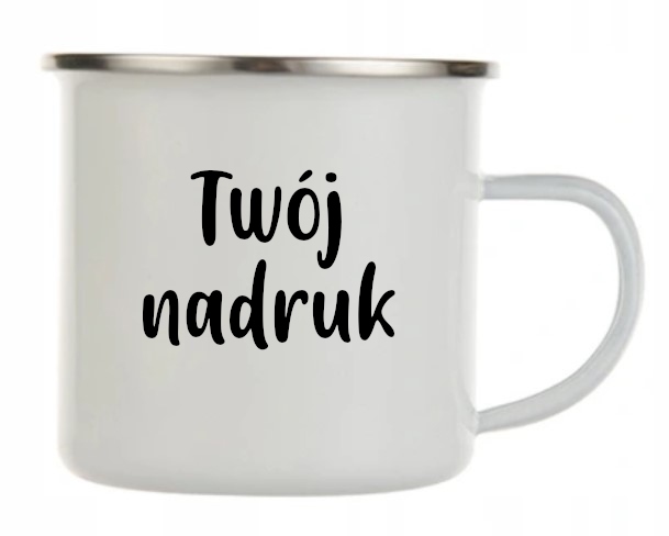 

Biały kubek metalowy z własnym nadrukiem, logo
