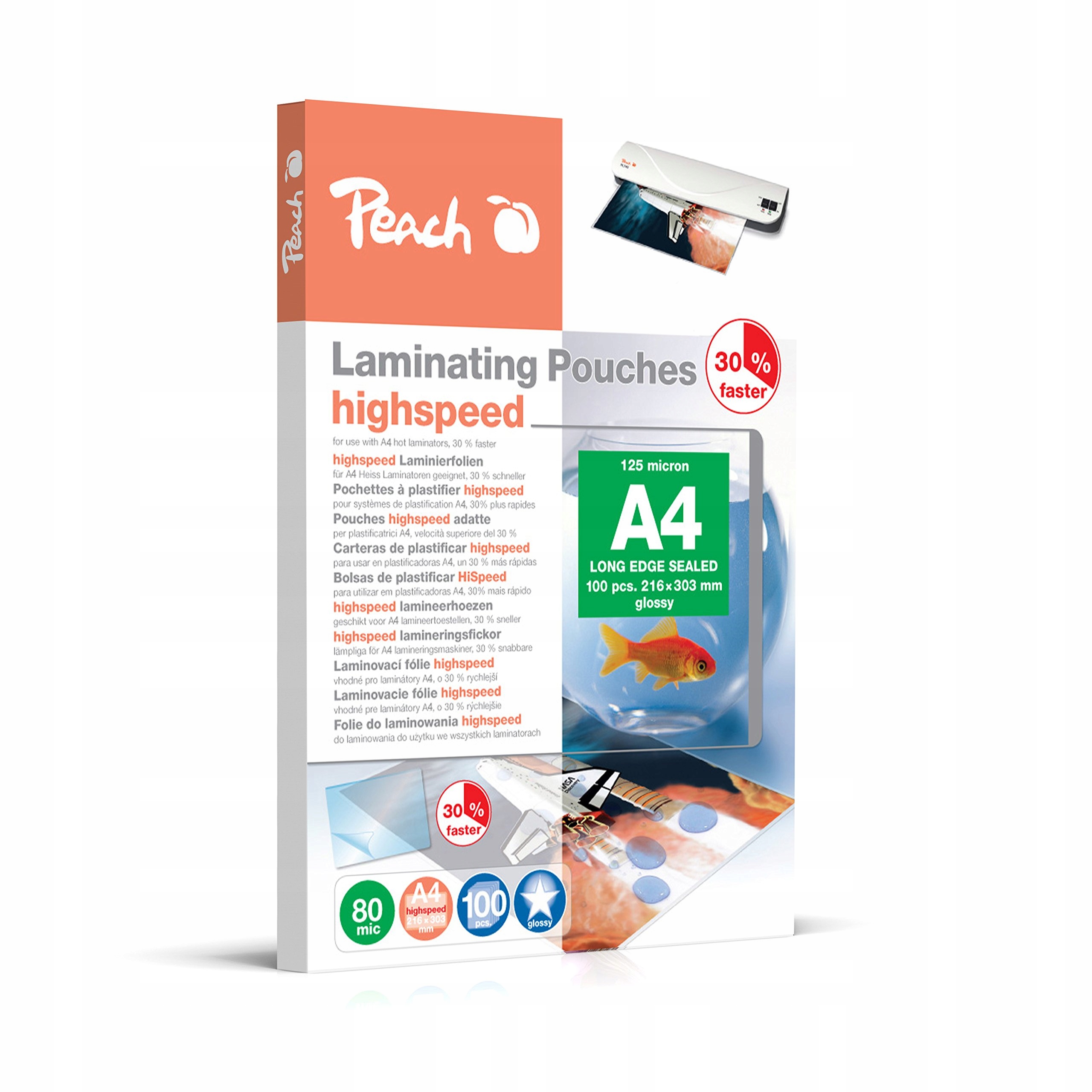 Peach Laminating Pouches A4 - 80 mic - 100 Pouches - Glossy High Speed - Ca
