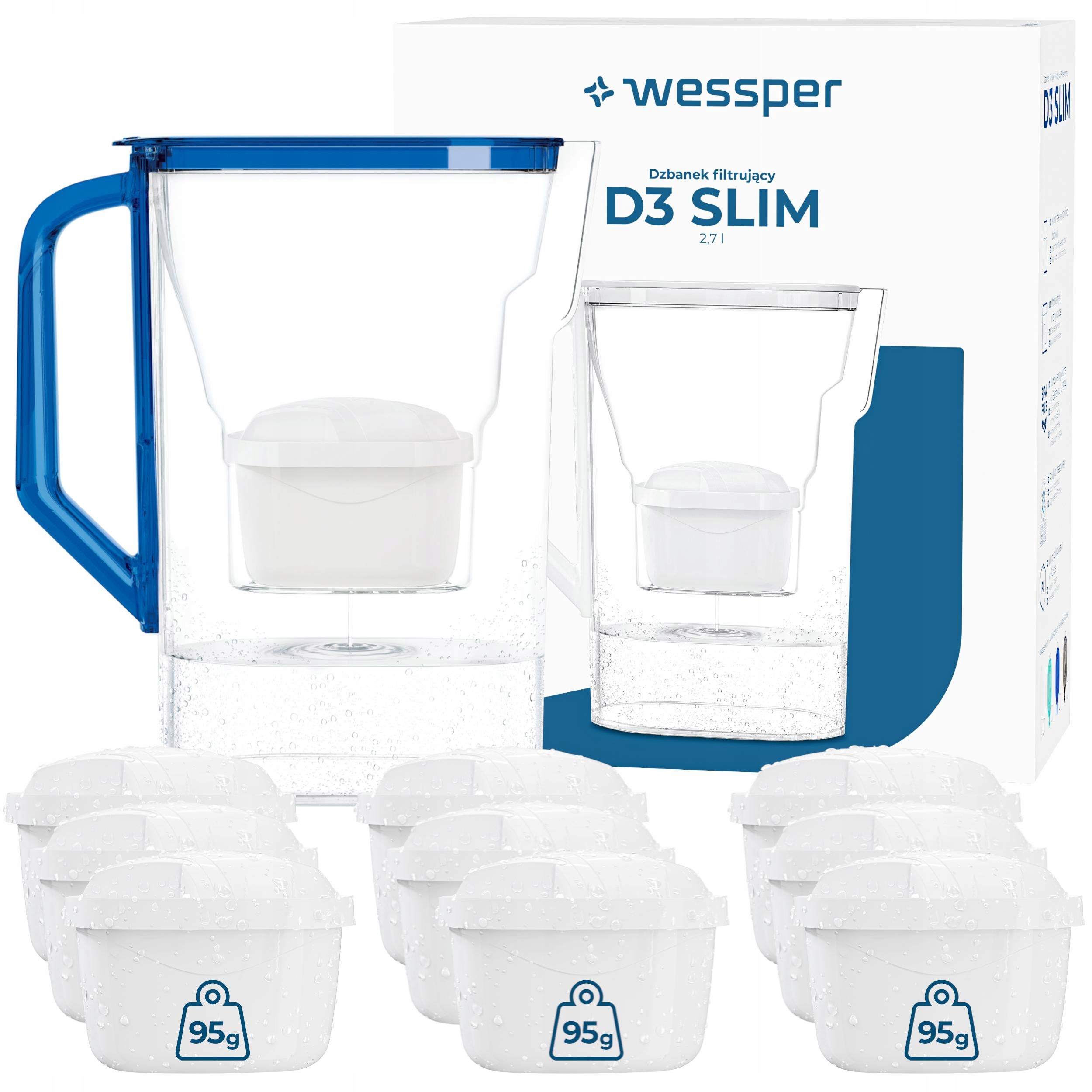 Filtrační konvice na vodu Wessper D3 Slim 2,7 l lednička 10 x filtr