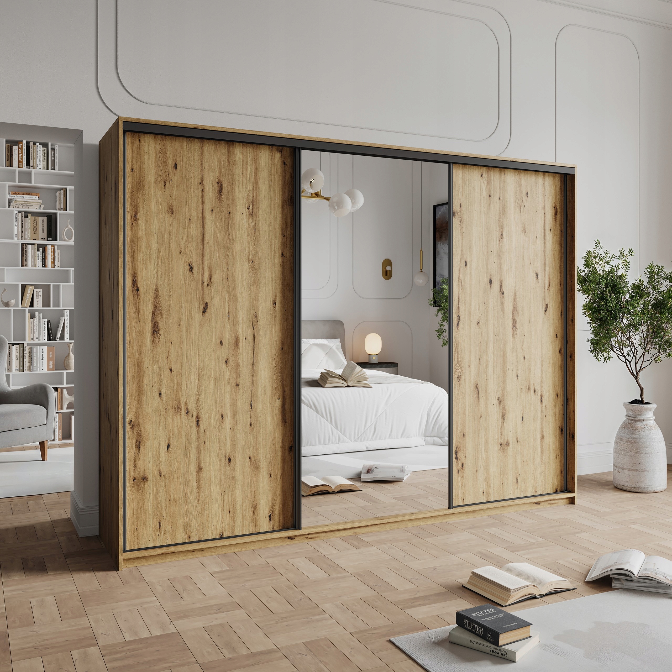 Skříň Třídveřová Tavi 270 cm se zrcadlem Zásuvky Artisan Černá
