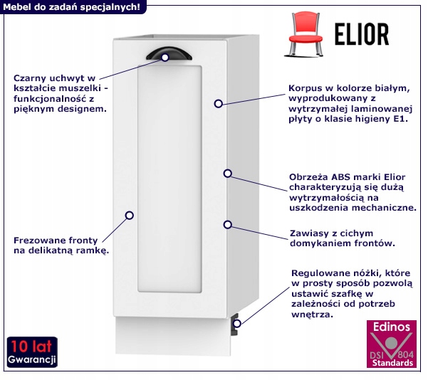 SZAFKA KUCHENNA DOLNA WĄSKA BIAŁA PÓŁKI SZER-30CM Producent Elior
