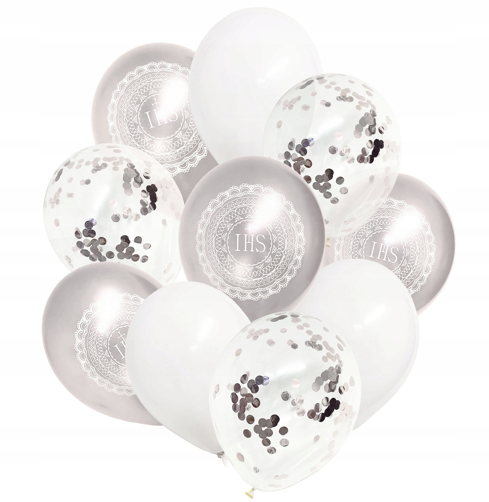 

Balony Komunijne Na Komunię Białe Srebrne Konfetti