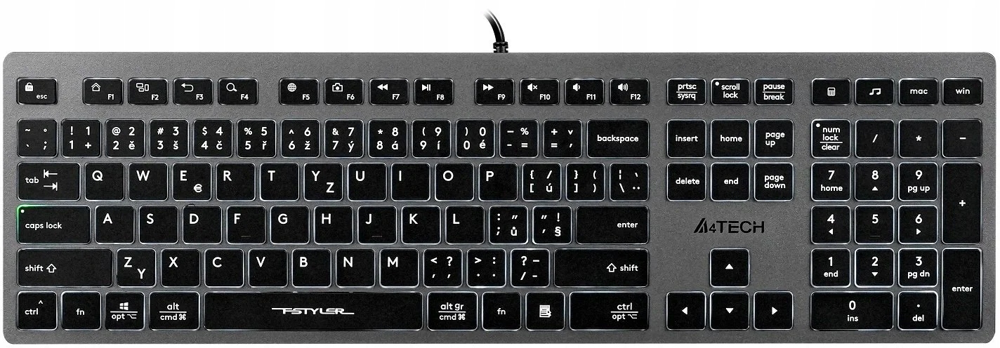 A4tech FX60, kancelářská klávesnice s bílým podsvícením, Usb, Cz, šedá