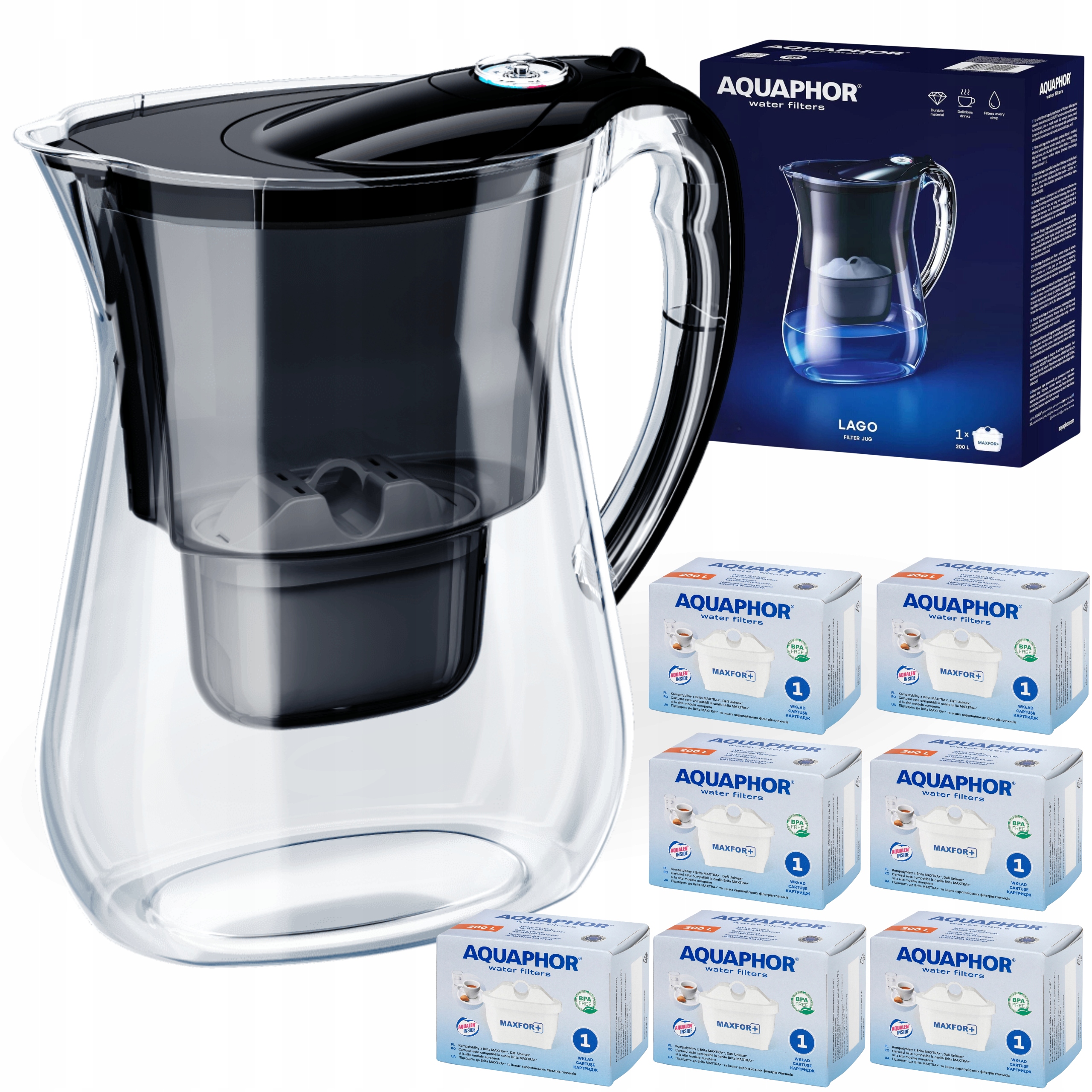 Filtrační konvice na vodu Aquaphor Lago Černá 3.8 l, 7 náplní Maxfor+