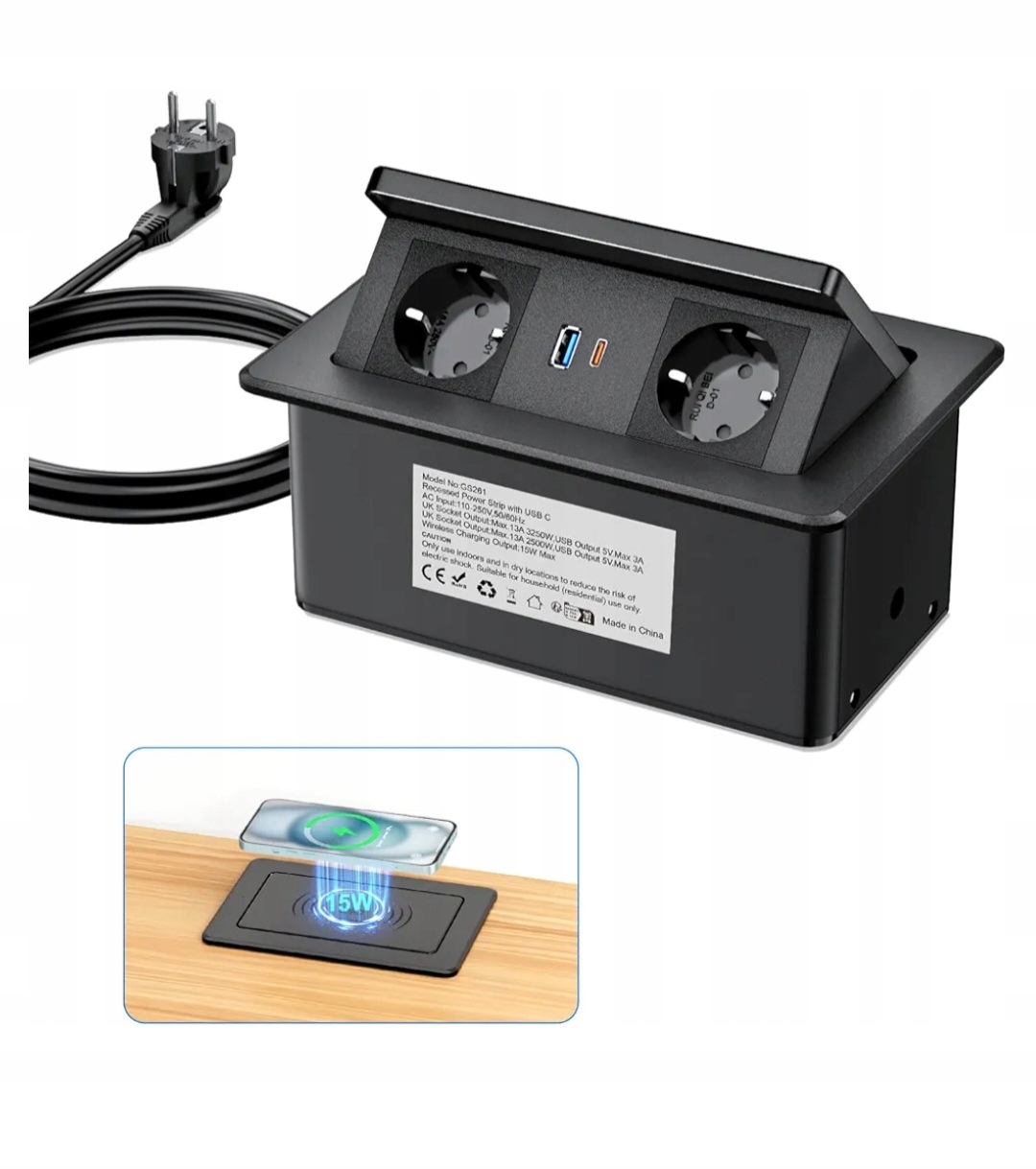 Výsuvná zásuvka, schovaná, zapuštěná do zabudování, 2 x Usb 3.0 typ C, A