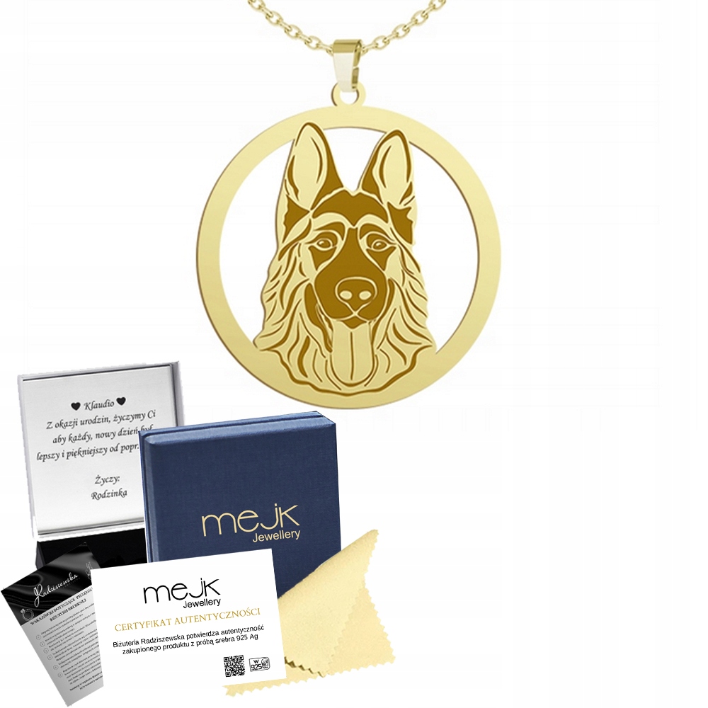 Zlatý náhrdelník se psem Německý ovčák 925 Řetízek Gravírování Bonus