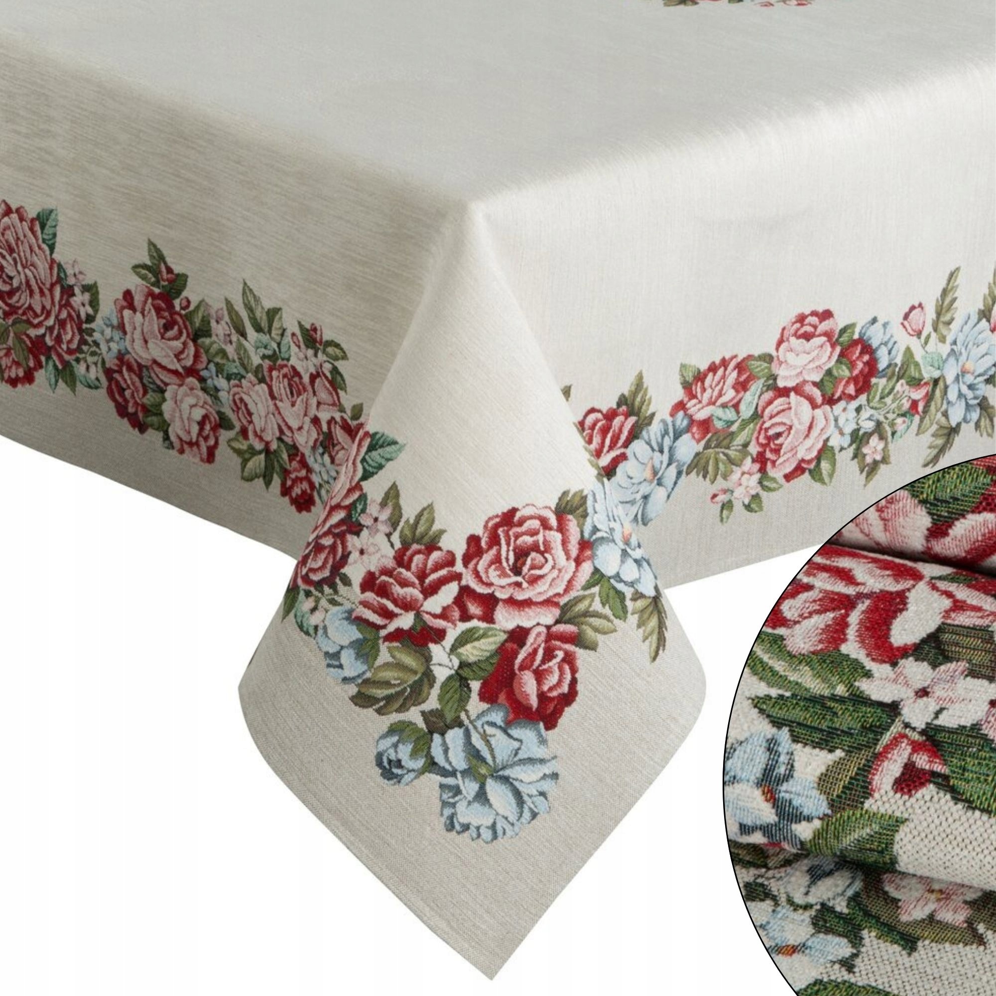 Obrus Na Stôl Gobelínový krémový béžové kvety 140 x 180 cm elegantný štvorcový