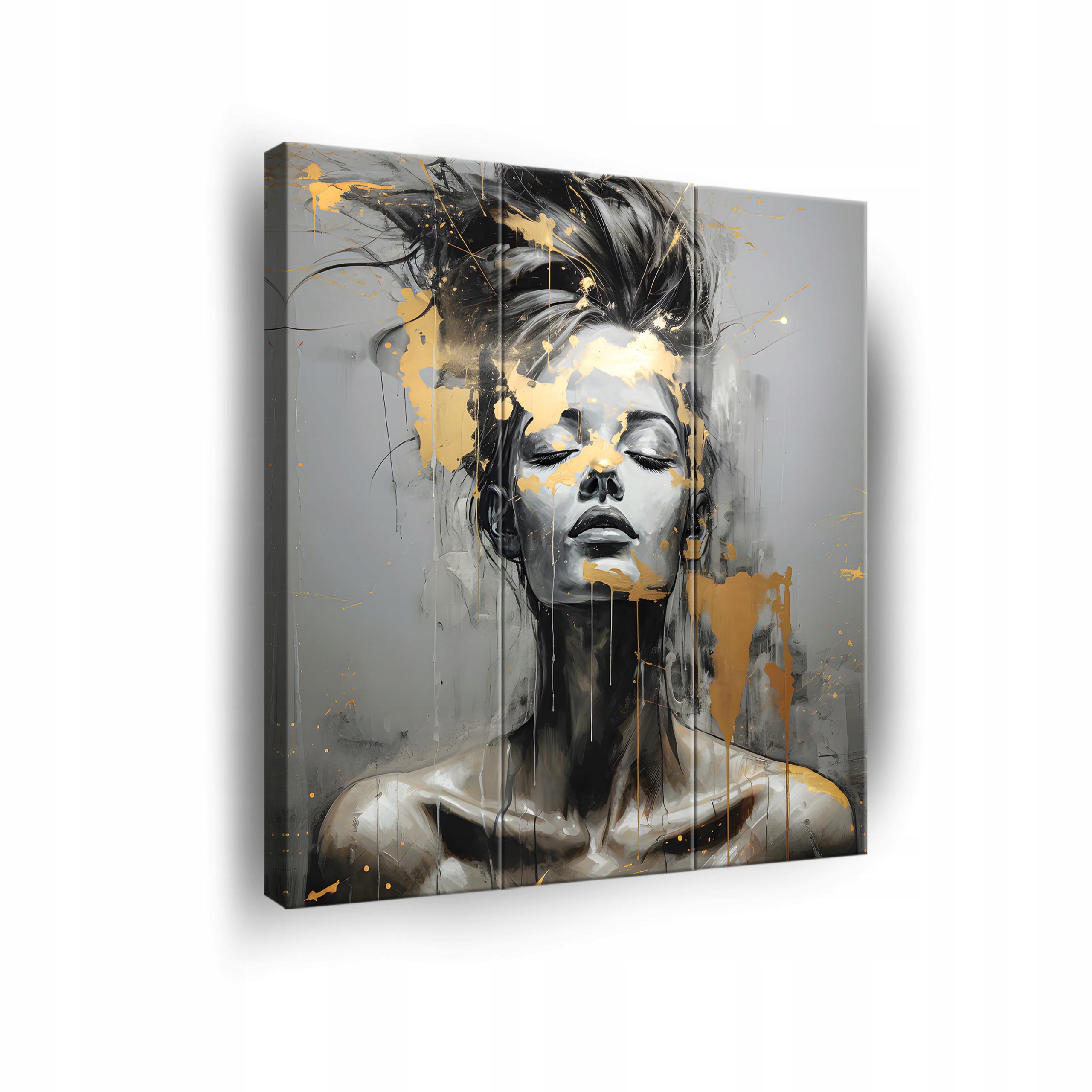 Obraz Triptych Žena Šedá Zlatá Na Plátně Stěna 3 Části Obývací Pokoj 90x100