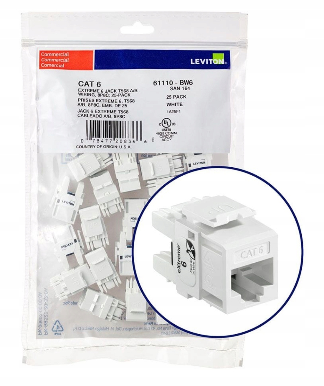 Leviton 61110-BW6 CAT6 RJ45 Keystone Jack Gniazdo Sieciowe Białe 25 Szt