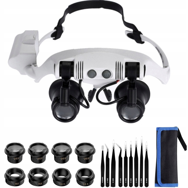 Lupa na čelo s 8 čočkami, 2 Led světly, hands-free lupa na čtení