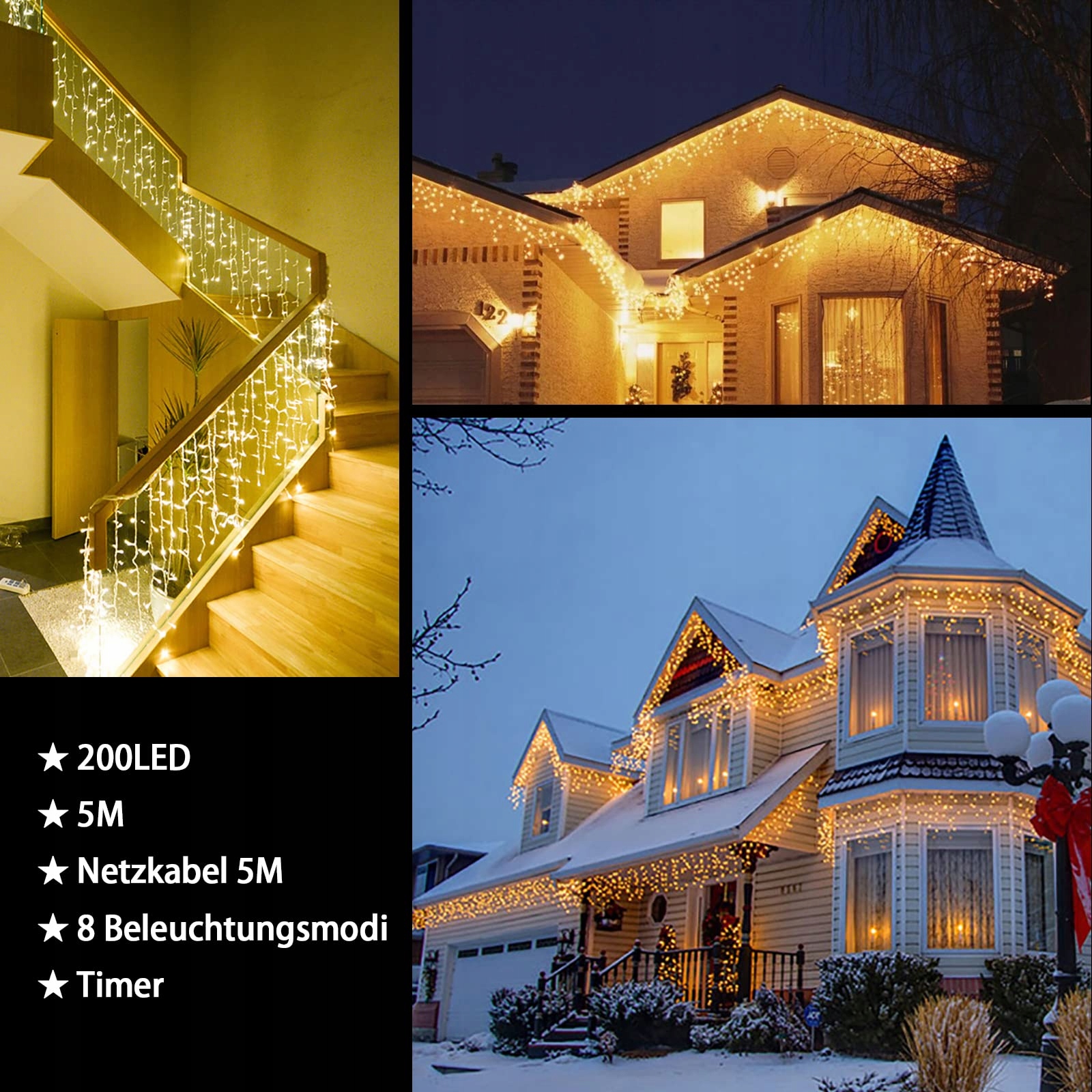 INTERGO Kurtyna Świetlna LED 5m 200 LED Timer IP44 Wodoodporna 8 Trybów — miniatura 3