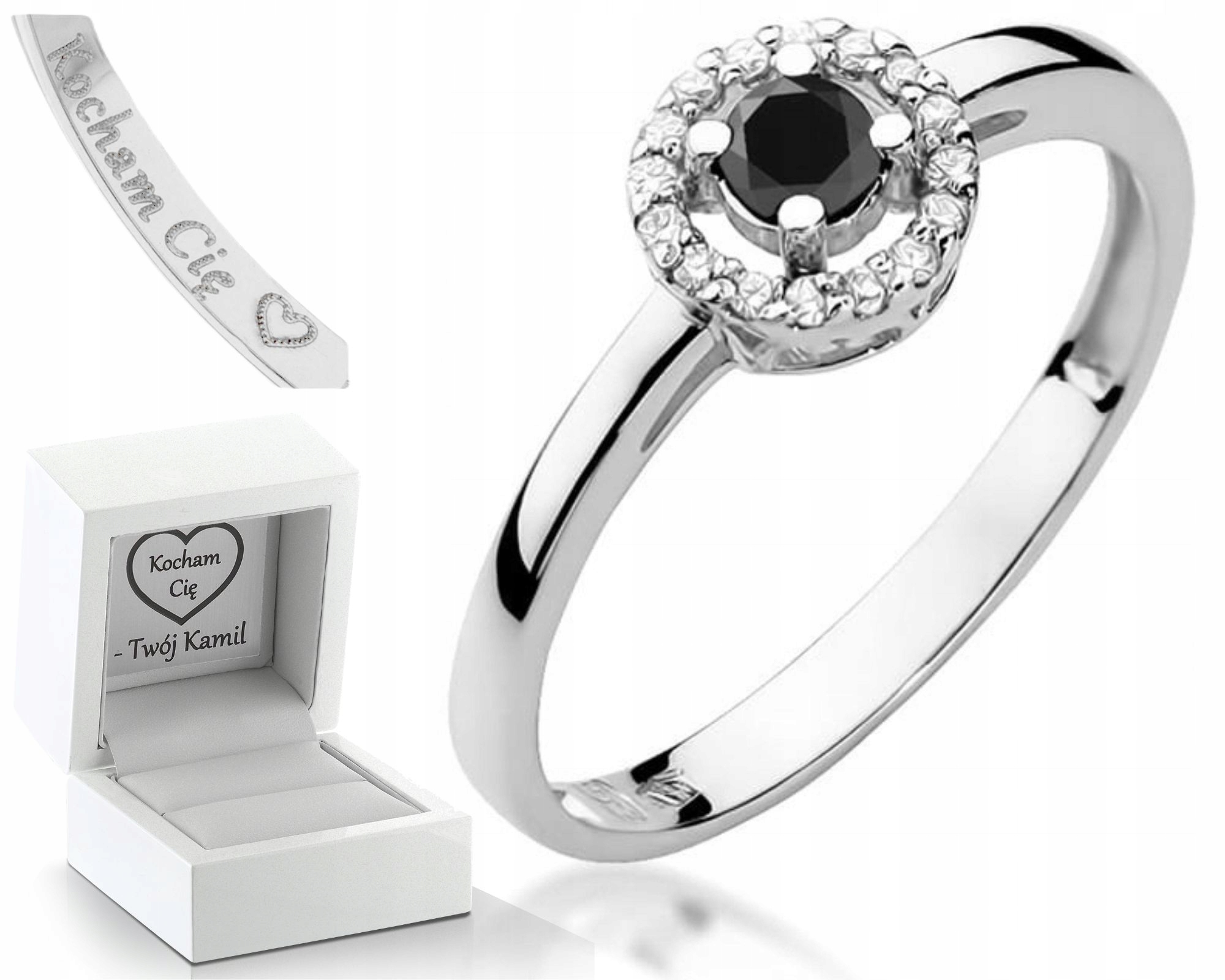 Bílé Zlato Prstýnek Černý Briliant Diamanty Gravírování 585