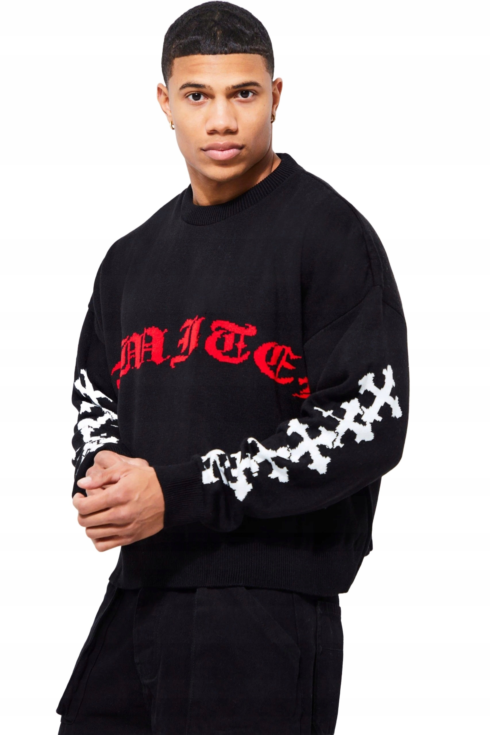 Boohooman Černý Pánský Svetr S Nápisem A Vzorem Na Rukávech M3A