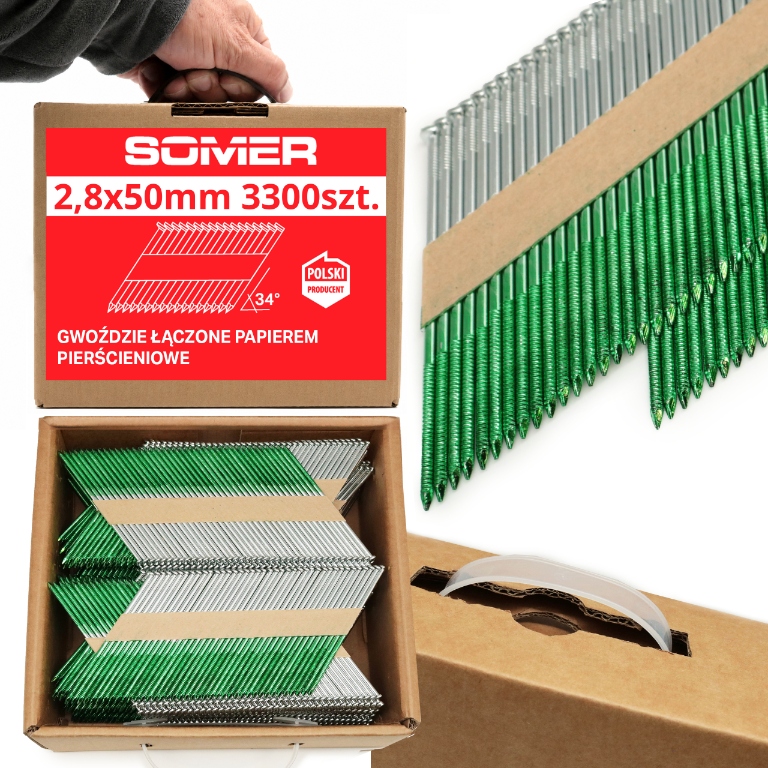 Gwoździe łączone papierem 2,8x50mm 3300 szt pierścieniowe do gwoździarek