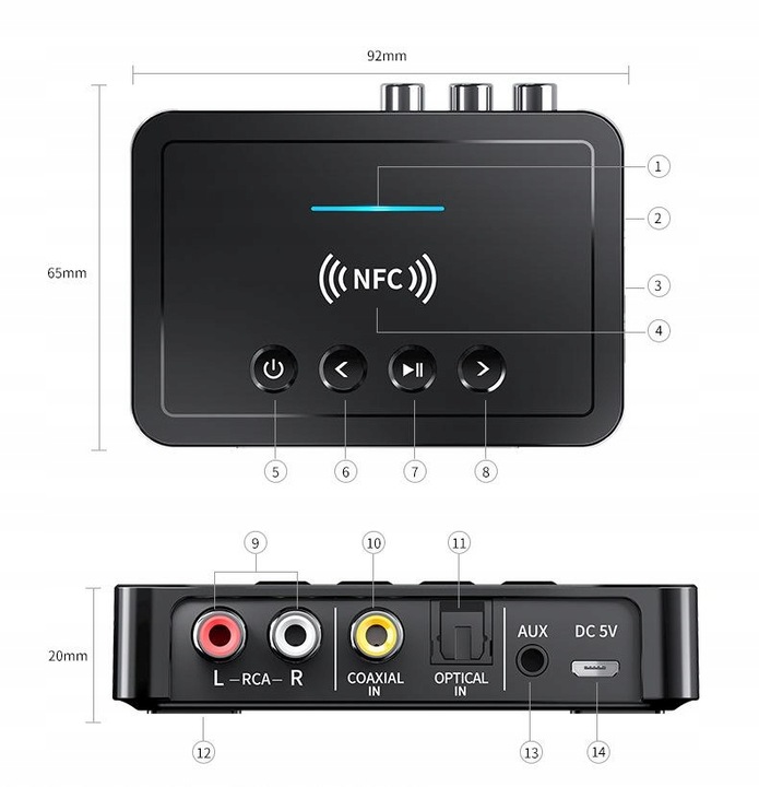 BLUETOOTH ADAPTER FOR HiFi SYSTEM AUX CHINCH JACK RECEIVER TRANSMITTER 5.0 NFC Model 3 in 1 FM/TX/RX