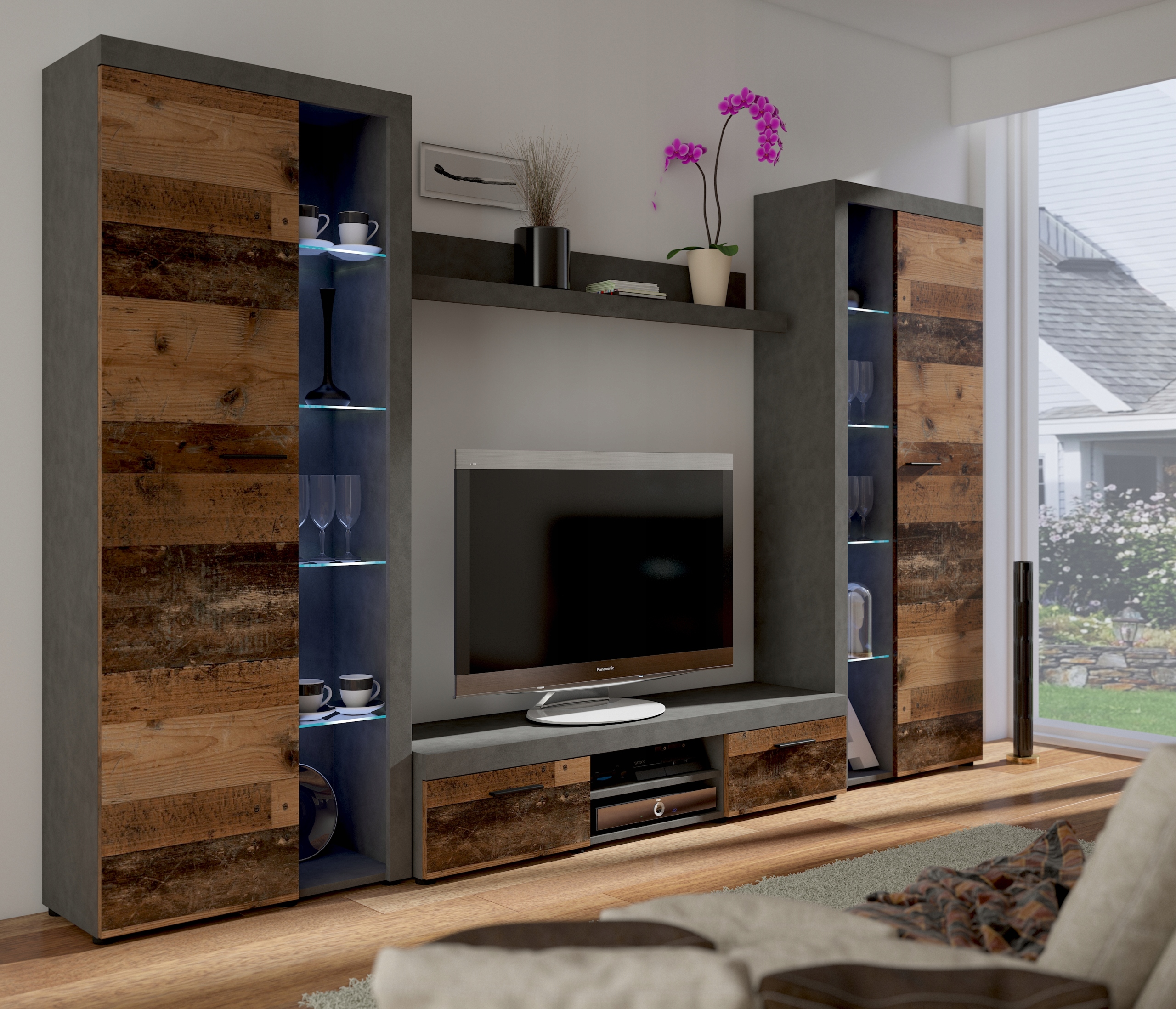 Meblościanka do salonu RUMBA XL OLD WOOD / MATERA półki RTV witryna