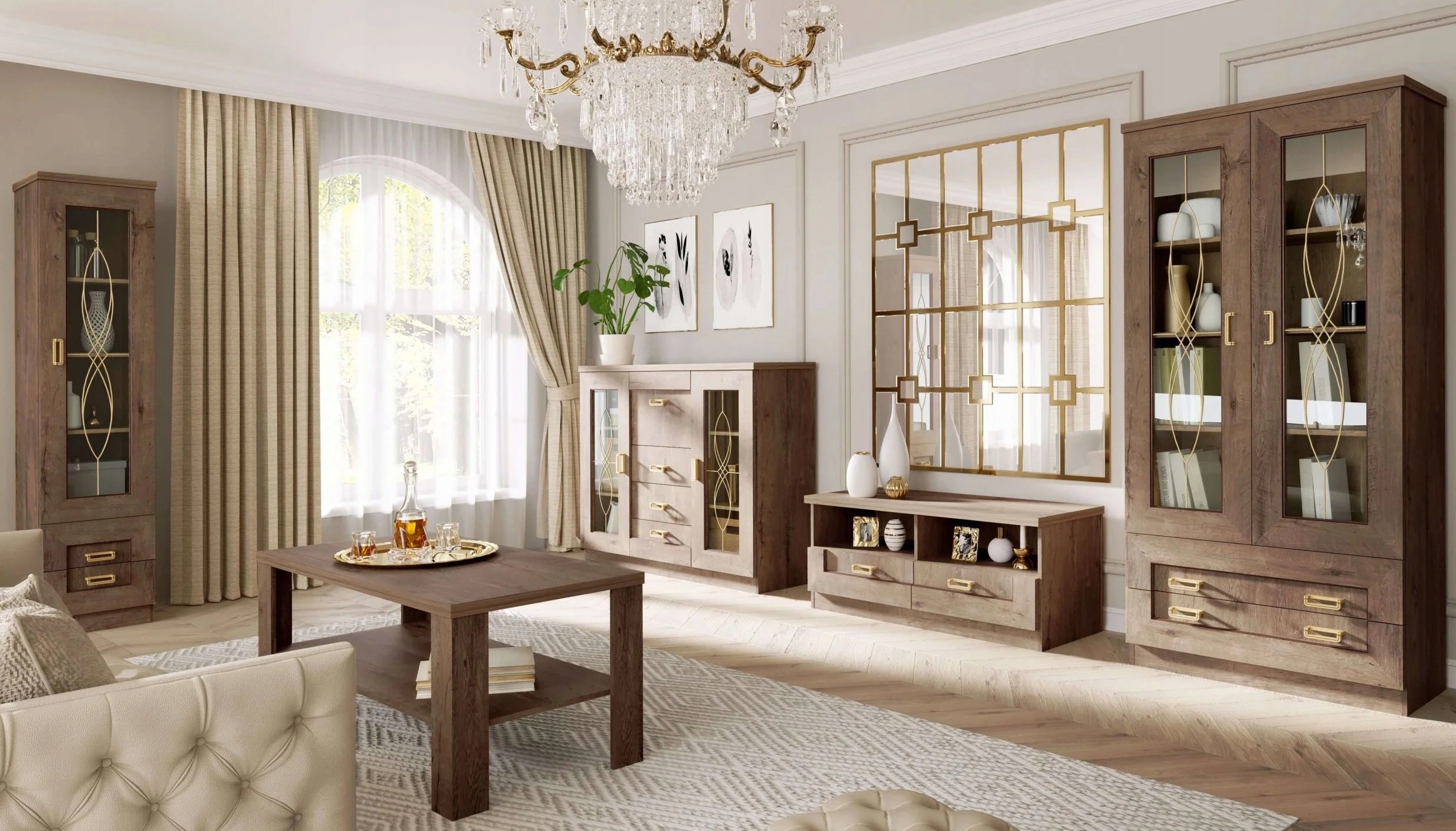 witryna regał słupek zamykany z szybą szufladami półkami salonu Tadeusz 10 Kolekcja tadeusz