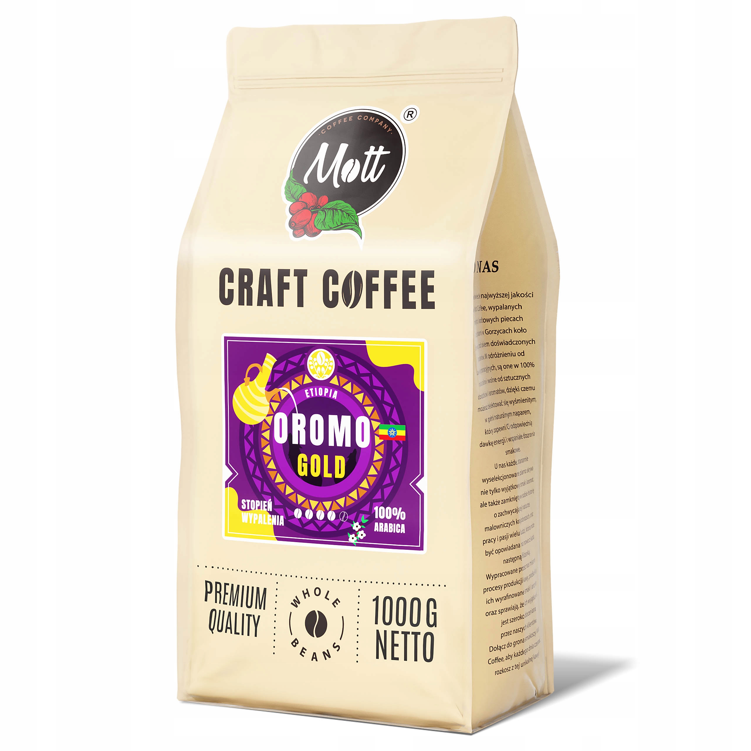 1 kg čerstvě pražené zrnkové kávy 100% Arabica Mott Oromo Gold z Etiopie