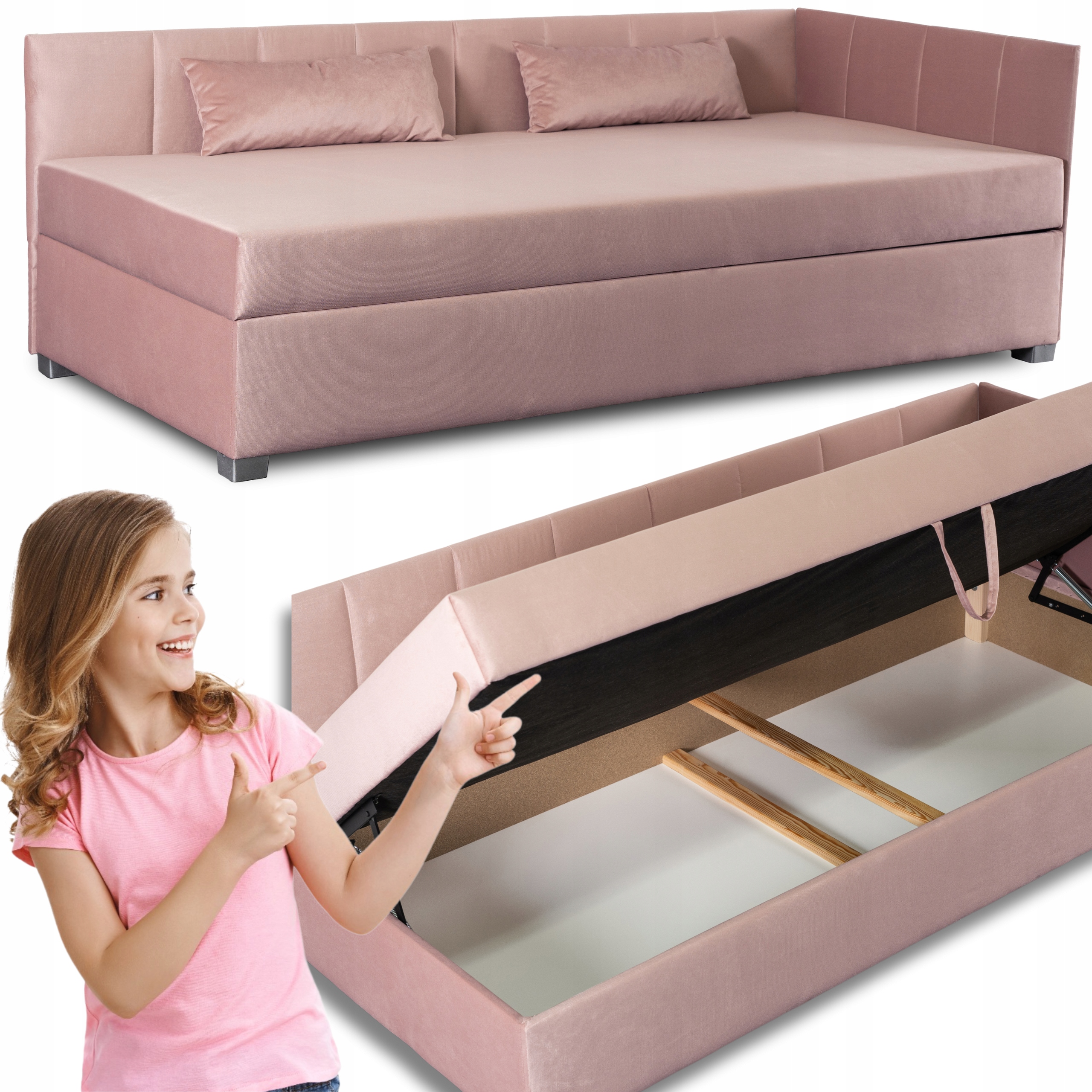 Jednolůžkový gauč 90x200 Postel Pro Mláděž Čalouněná růžová Karo 2