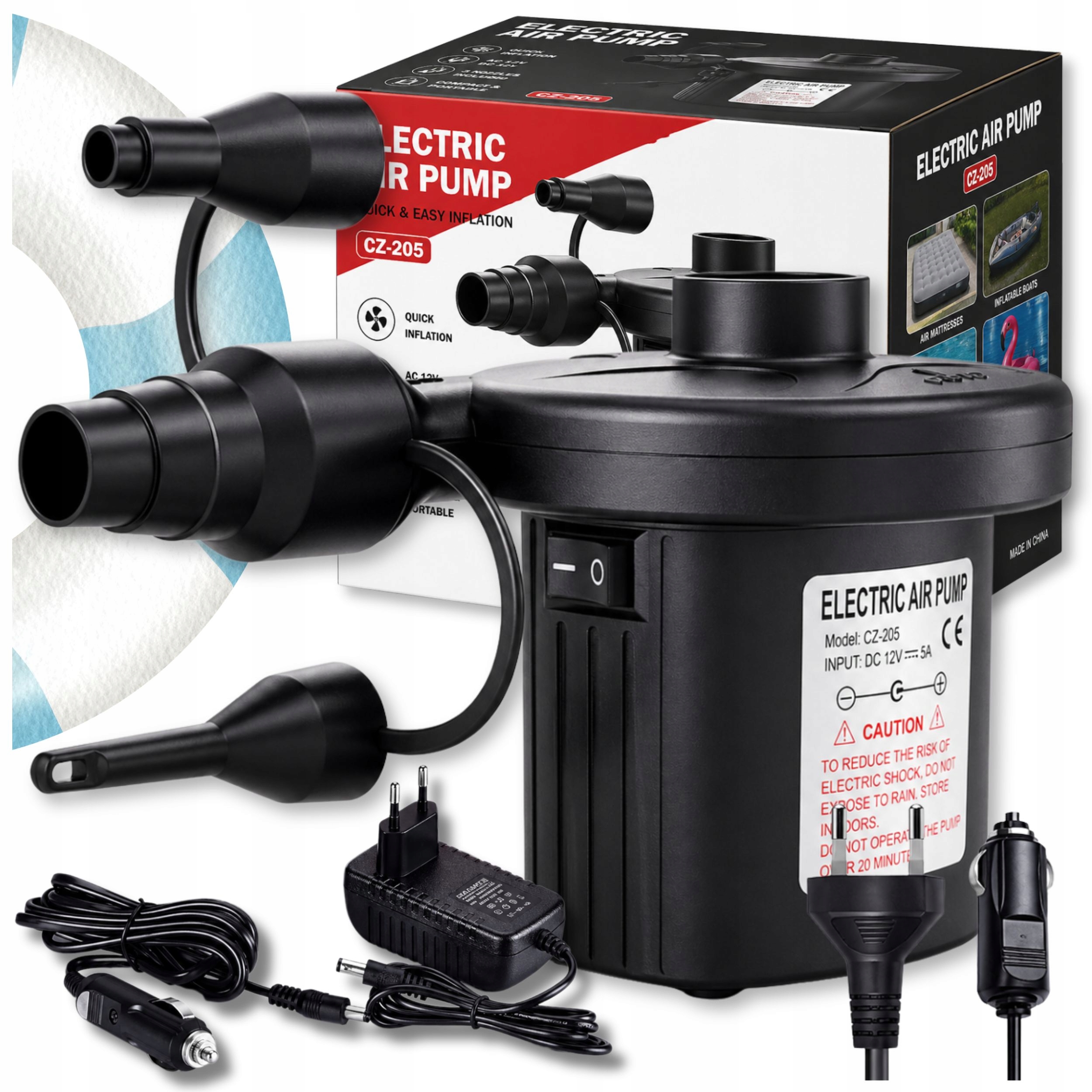 Mocna Elektryczna Pompka Do Materaca Dmuchańców Na Basen 12V 230V Końcówki