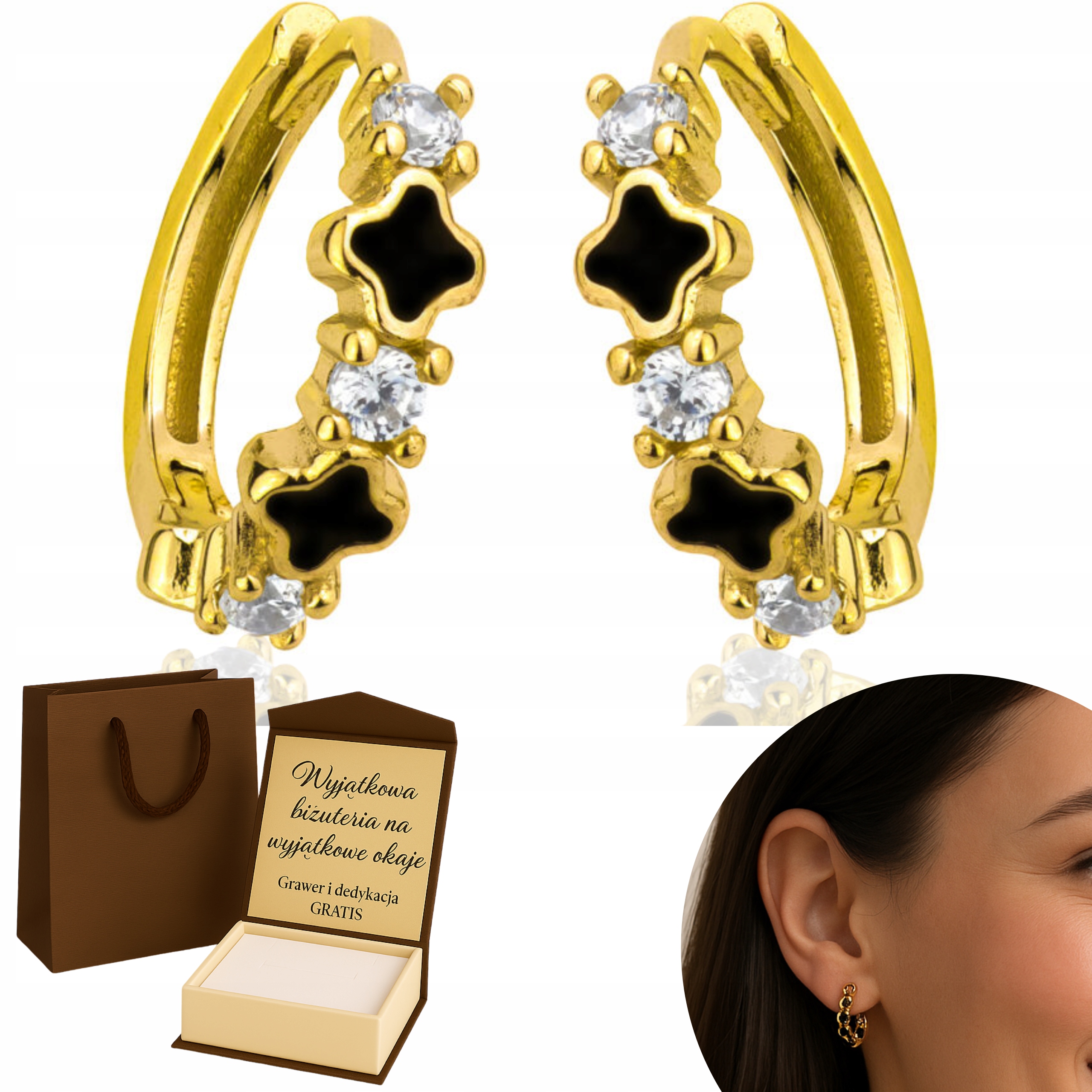 Dámské zlaté Náušnice kroužkové náušnice s černými kameny, Gravírování 585/925