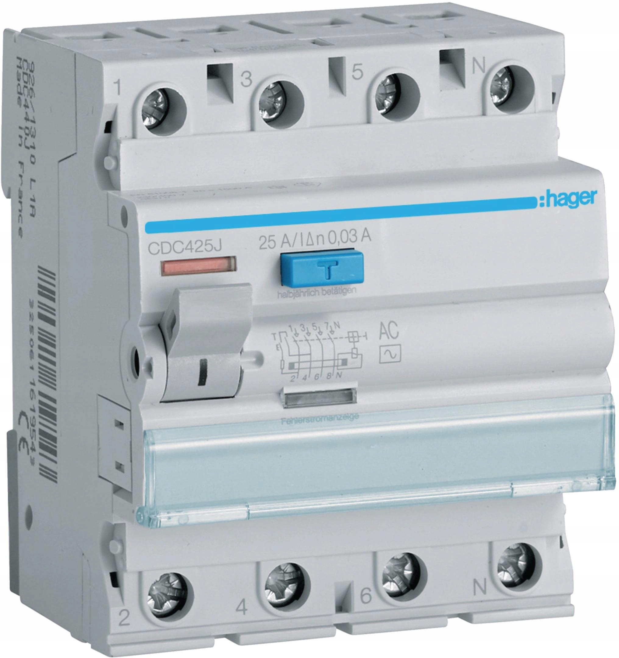 Proudový chránič 3P+N 25A 30mA 6kA Ac Hager CDC425J