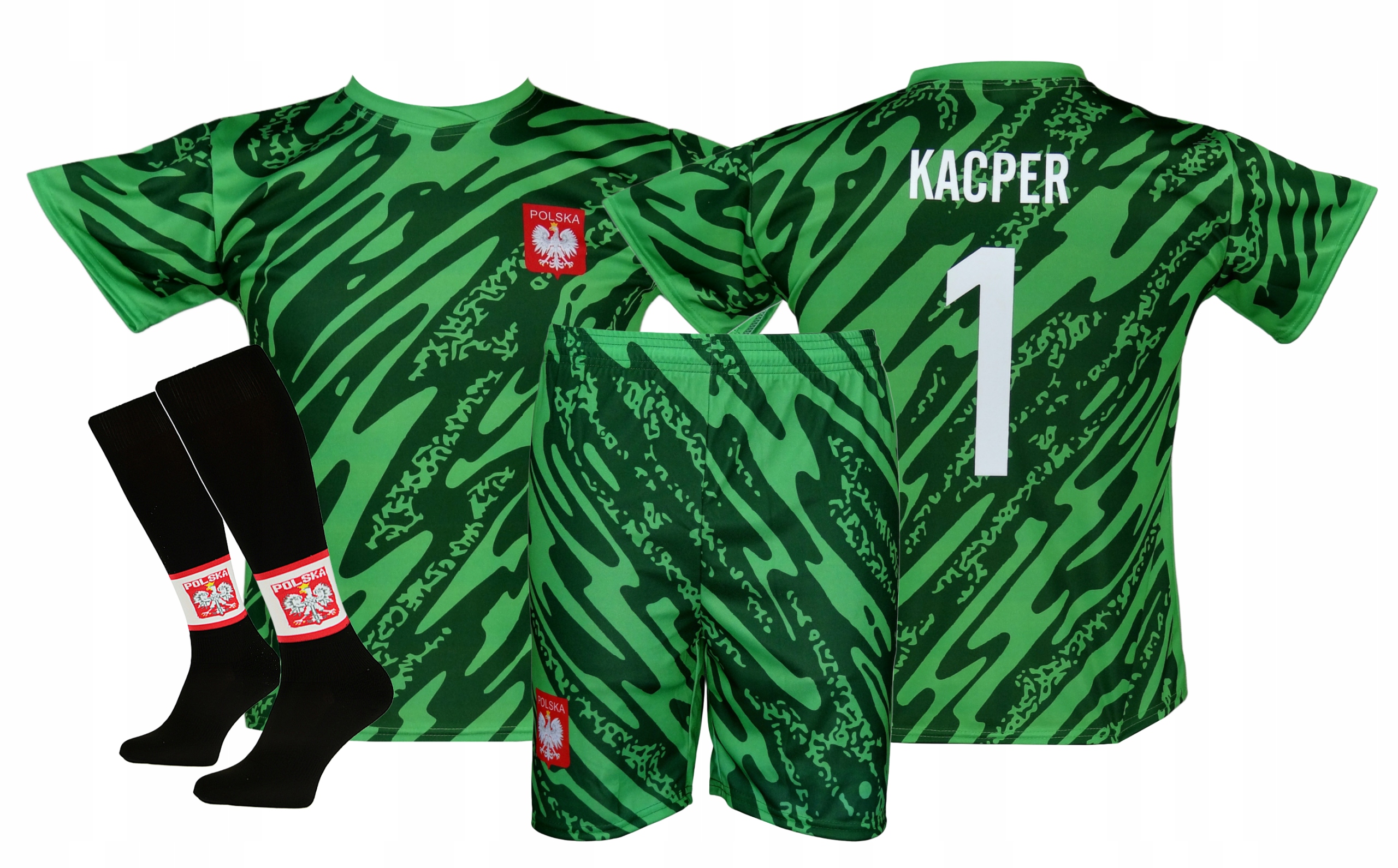 Szczęsny lub Nadruk Polska strój koszulka spodenki getry Zielony roz. 122