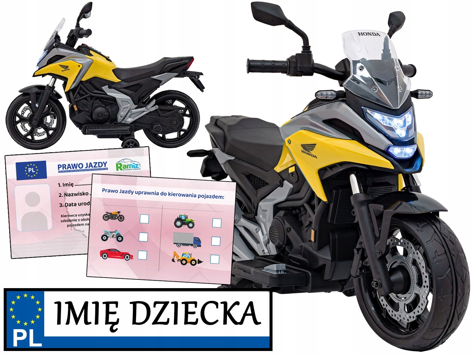 motor dla dzieci Honda NC750X na akumulator Tablica Z Imieniem prawo ajzdy
