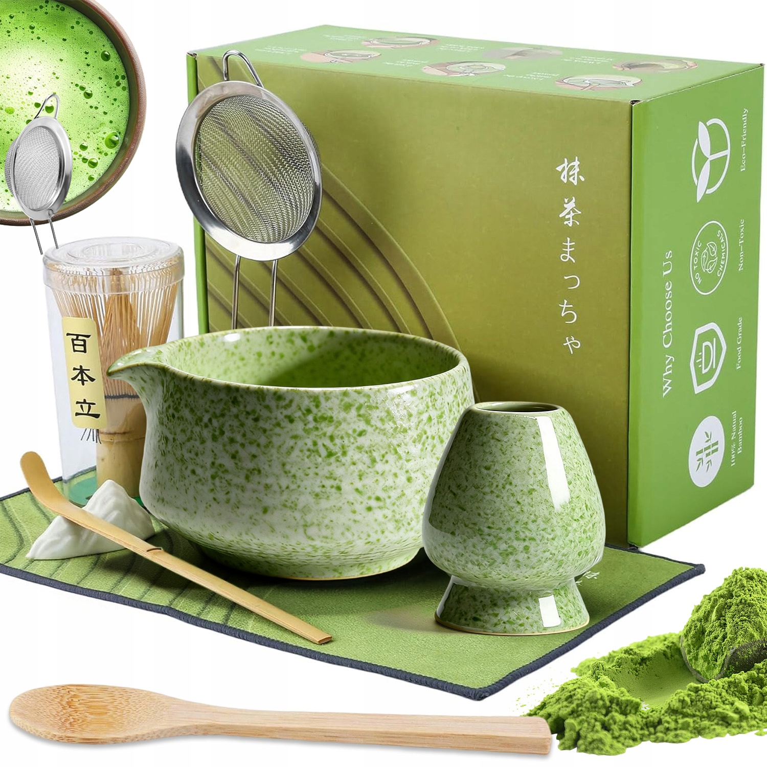 Levně Dárková Sada Na Čaj Matcha Miska Na Matchu Sklenička Lžička 8EL