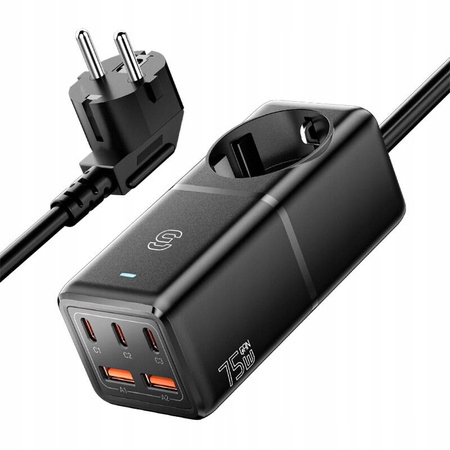 Ładowarka sieciowa Essager GaN 75W 3xUSB-C 2xUSB-A Gniazdo Ac Czarna