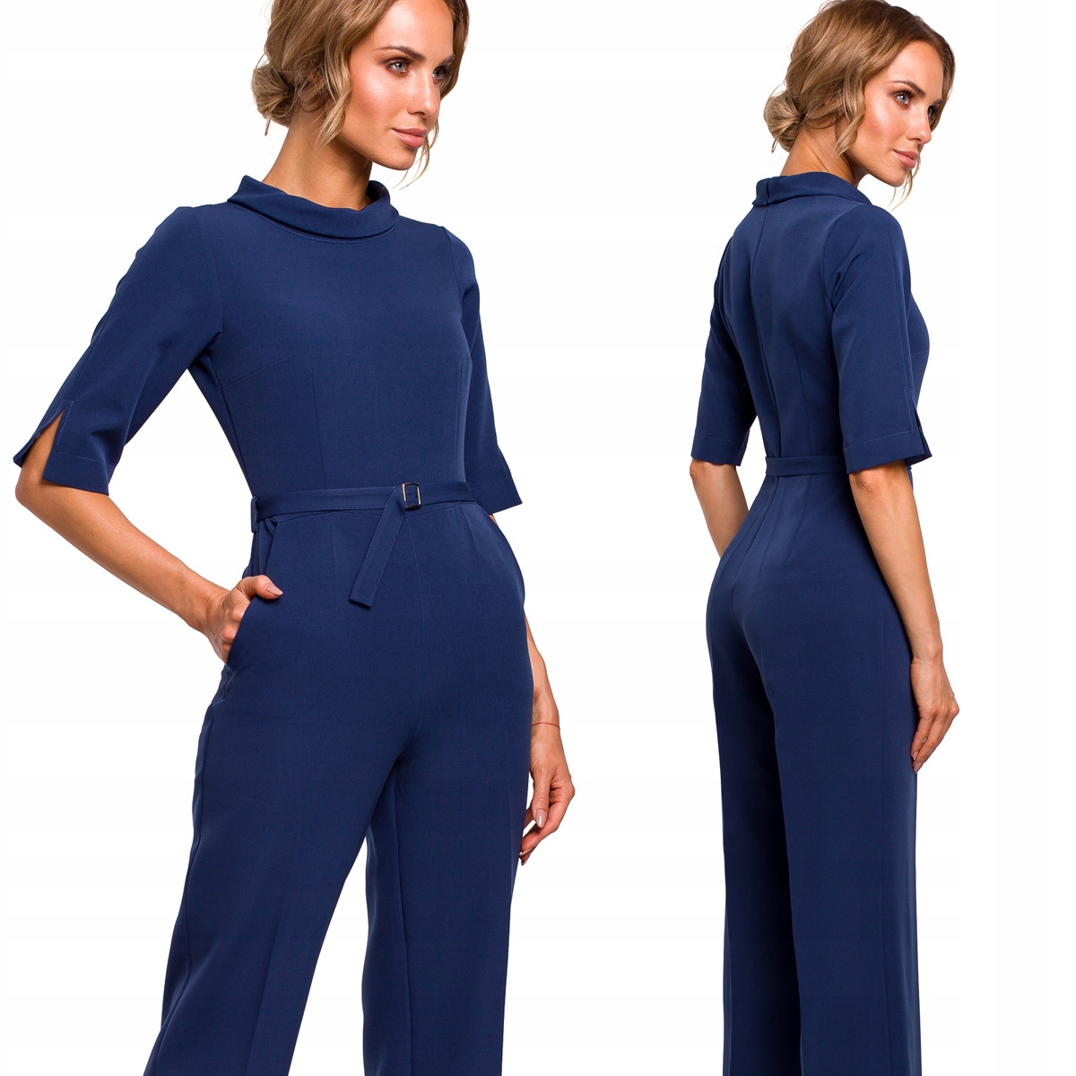 KOBIECY ELEGANCKI DAMSKI KOMBINEZON SZEROKIE DŁUGIE NOGAWKI GRANATOWY 36 S