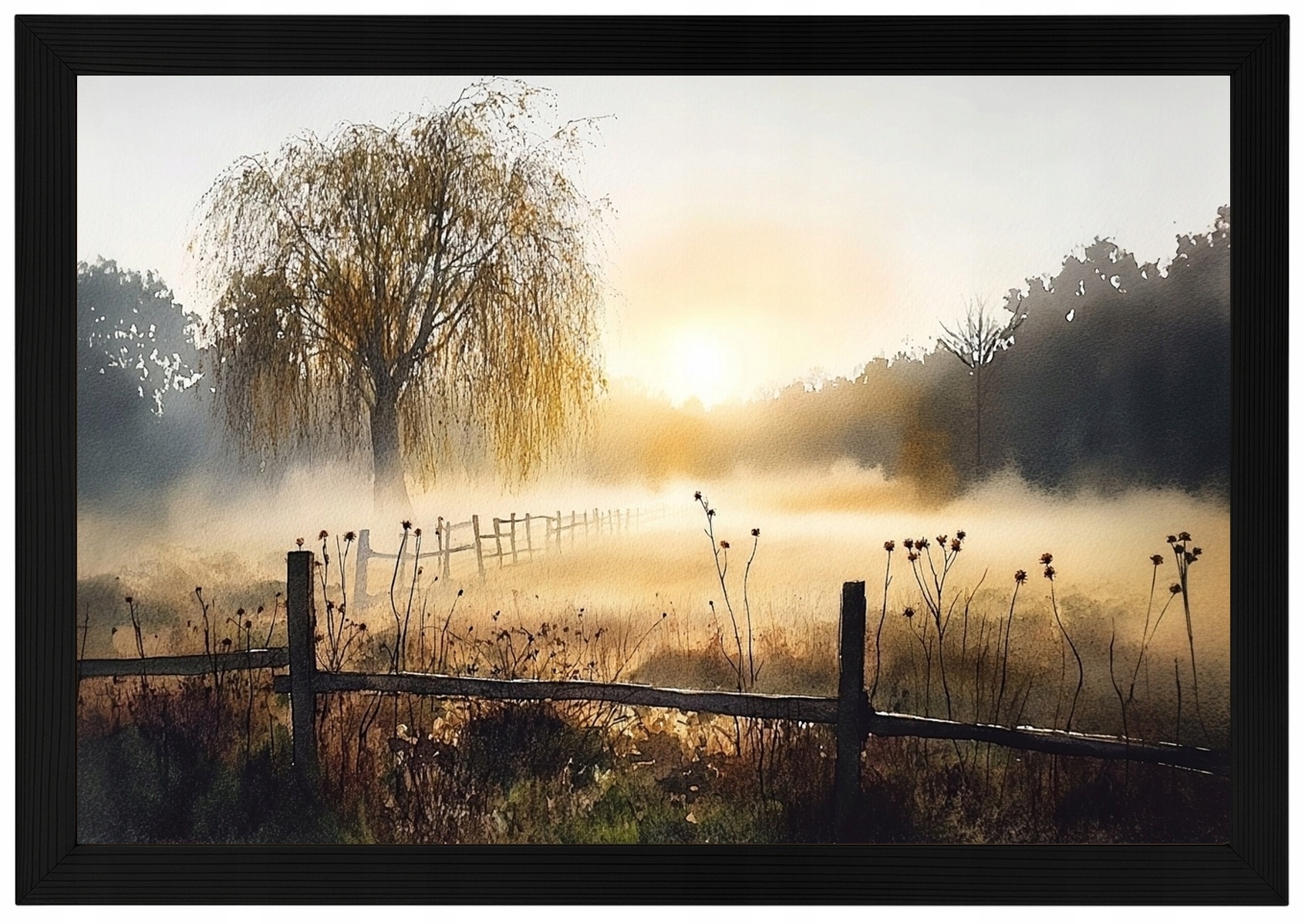 Plakát Rámeček Dřevo Krajina Venkov Louka Vrba Slunce 93x62