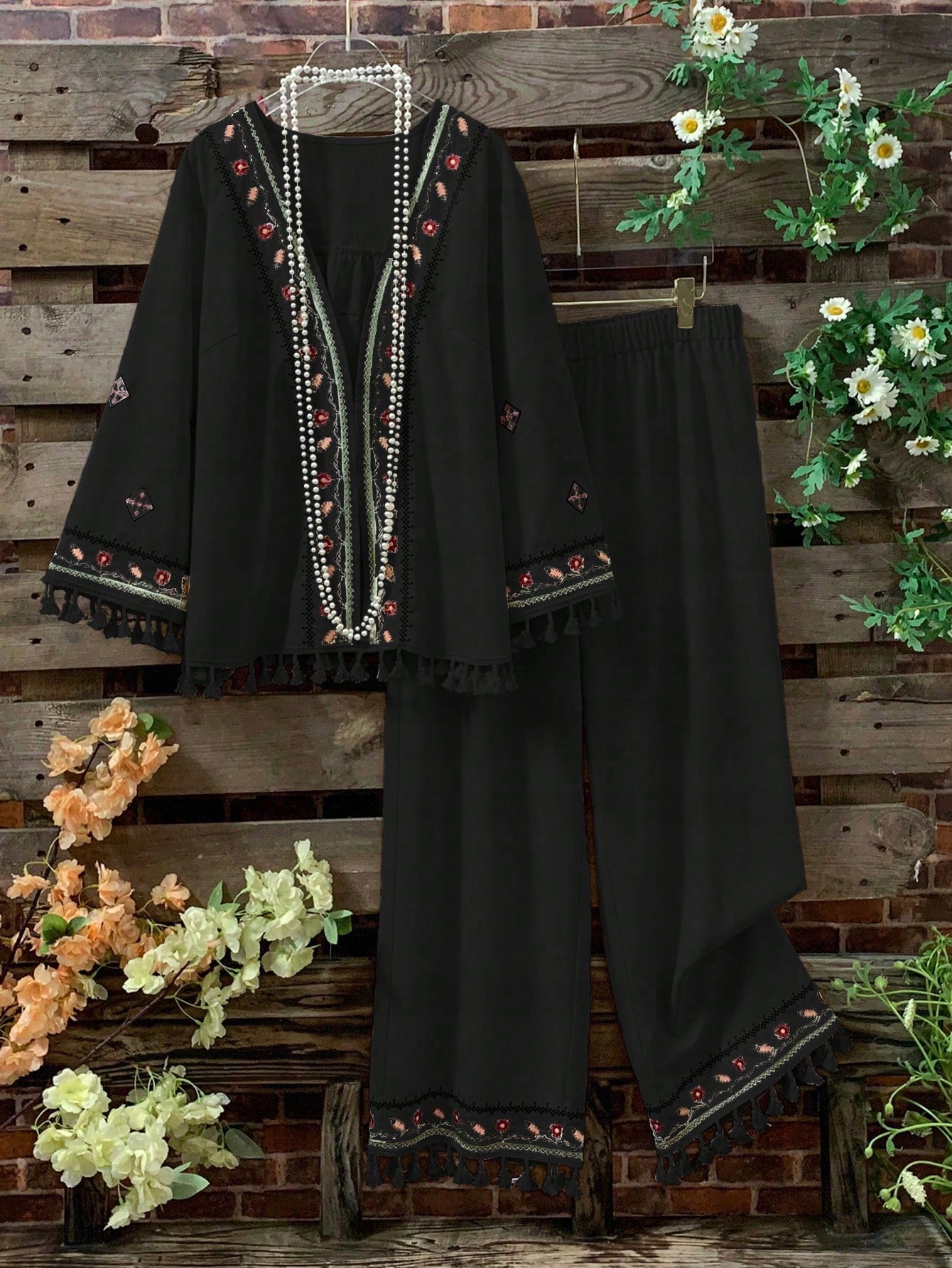 Dámský Volný Černý Geometrický Komplet S Výšivkou Shein 5XL 50