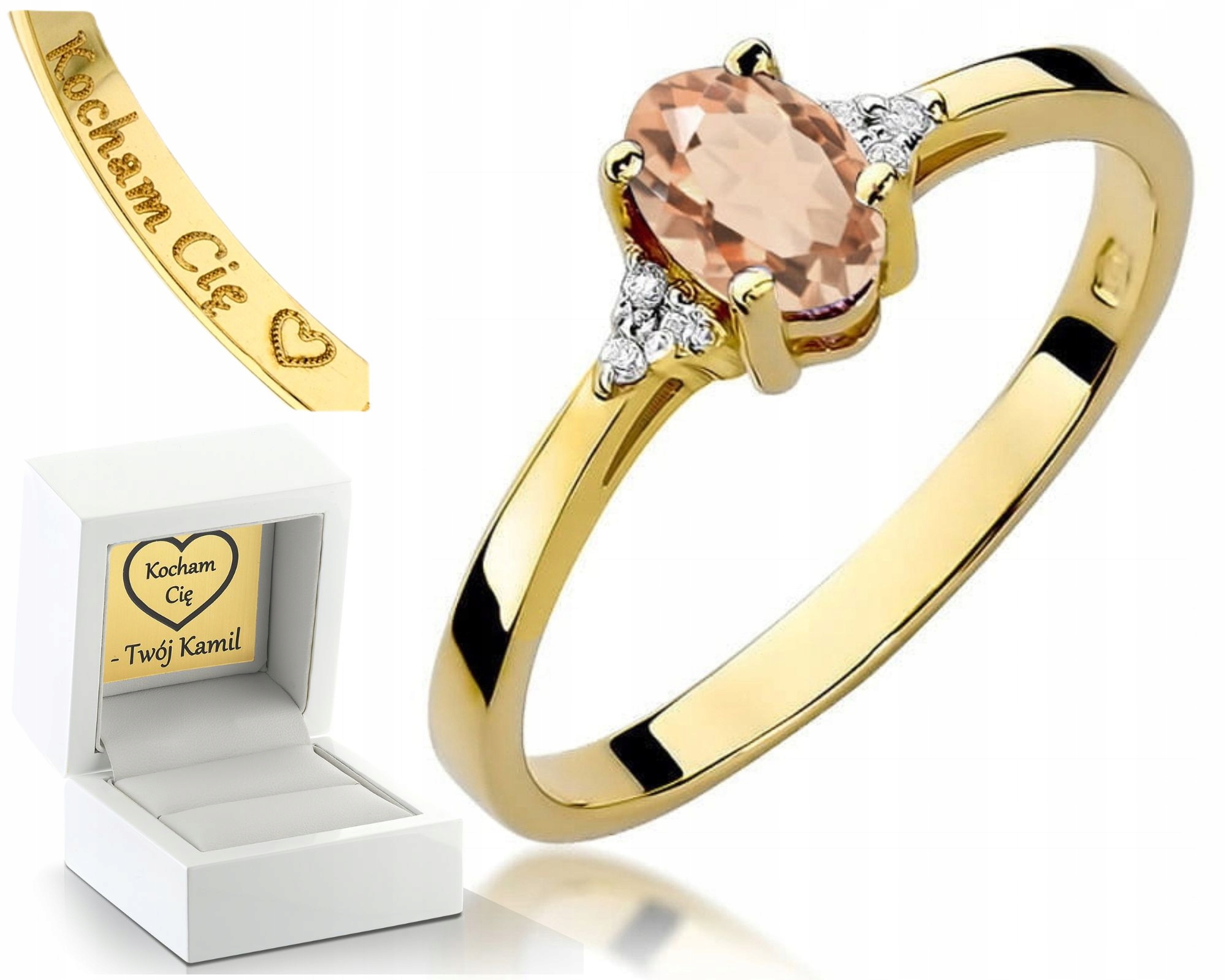 Zlatý Prstýnek Diamanty A Přírodní Kámen Morganit 585 Dárek Gravírování