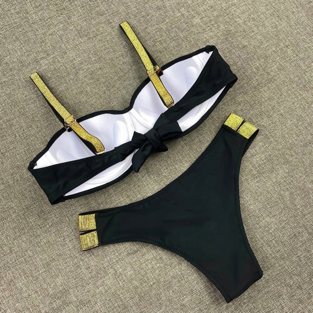 STRÓJ KĄPIELOWY DWUCZĘŚCIOWY BIKINI WYSZCZUPLAJĄCY DAMSKI CZARNY M 38 Wzór dominujący bez wzoru