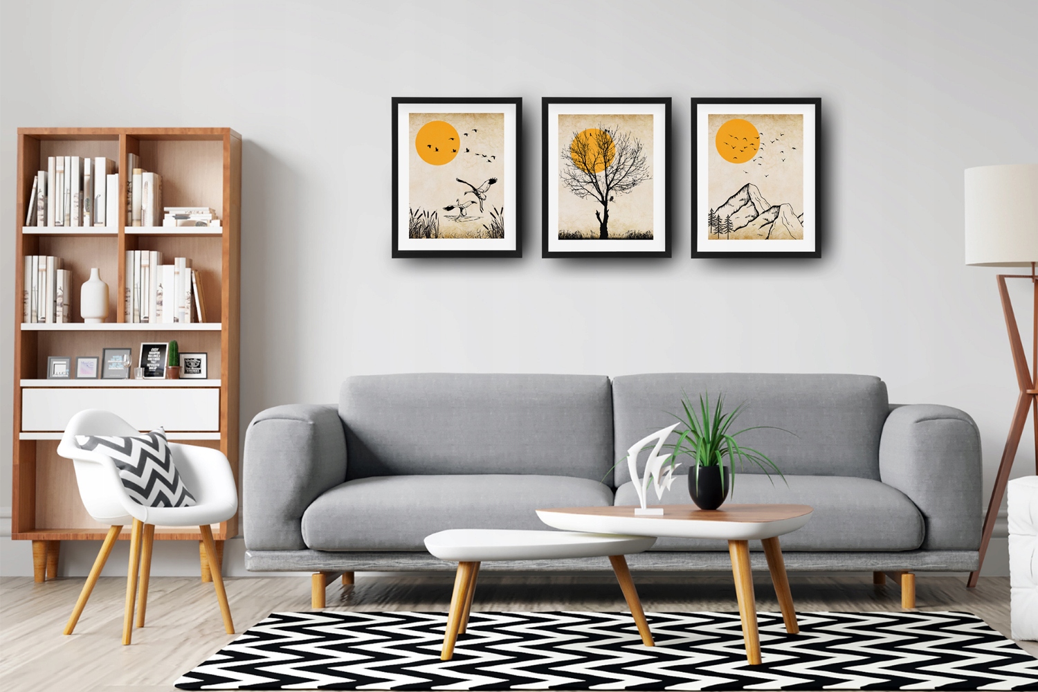 Plakaty TRYPTYK zachód słońca góry żurawie drzewo Marka inna