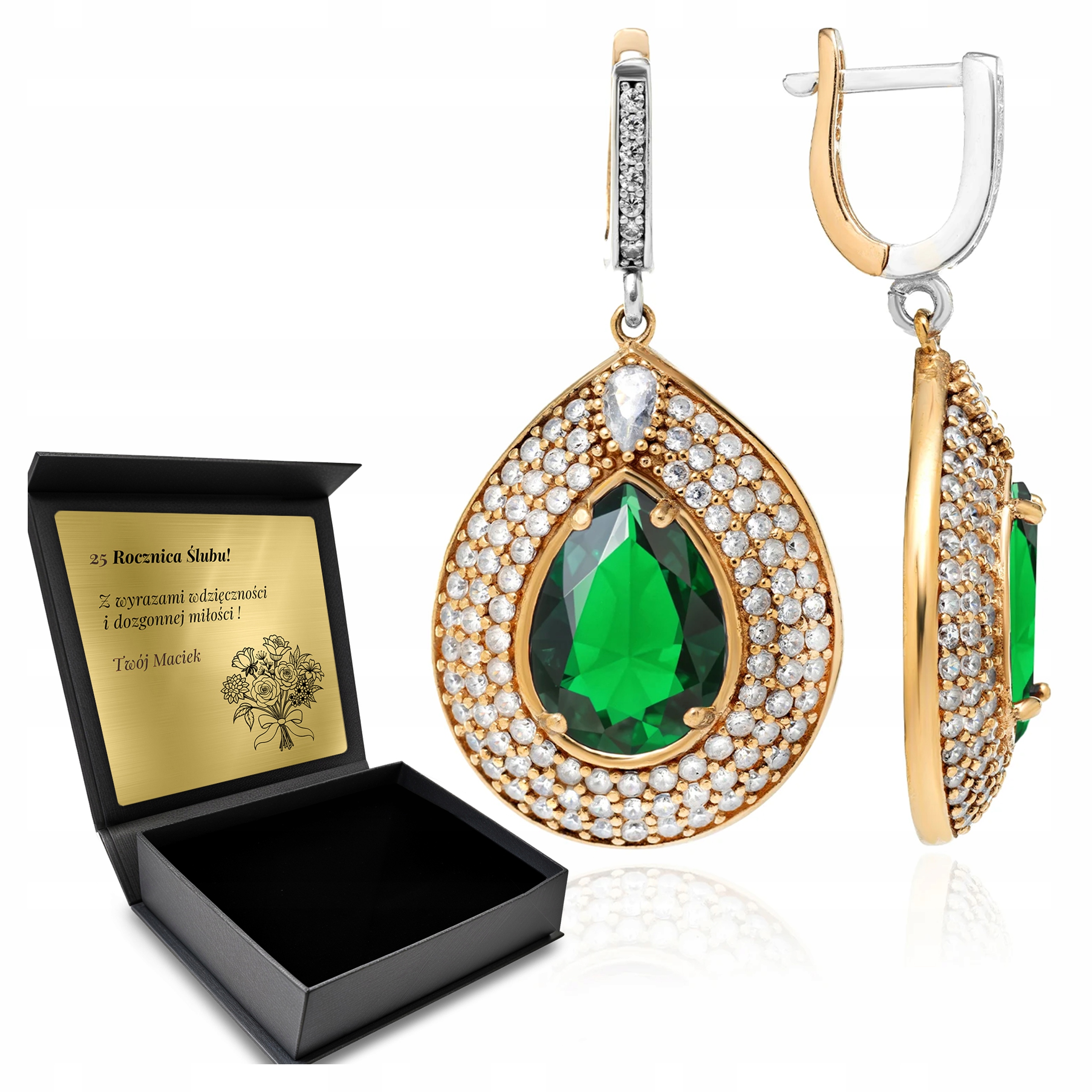 Stříbrné Náušnice 925 Zirkony A Smaragd Dárek pro ženu Gravírování