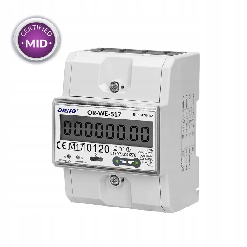 3-fázový elektromer energie 80A, viacnásobný RS485 MID