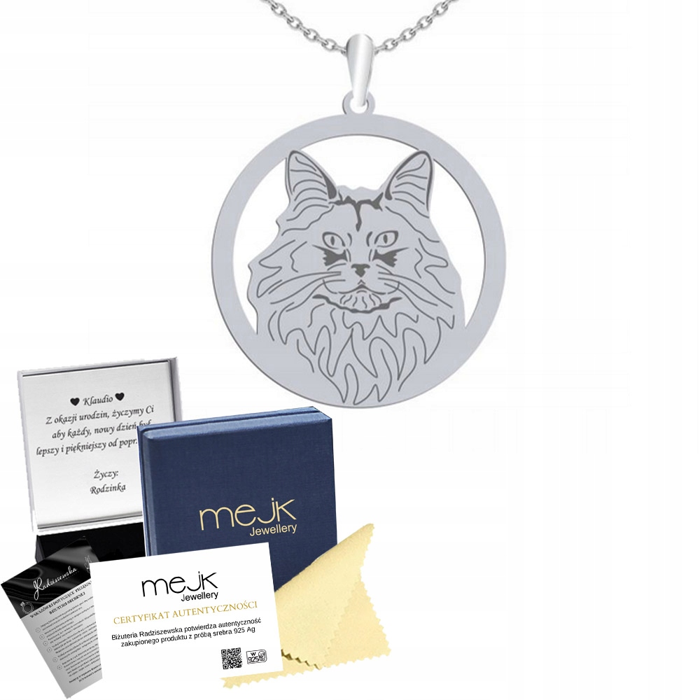 Stříbrný náhrdelník s norskou lesní kočkou 925 Řetízek Šperky Gravírování