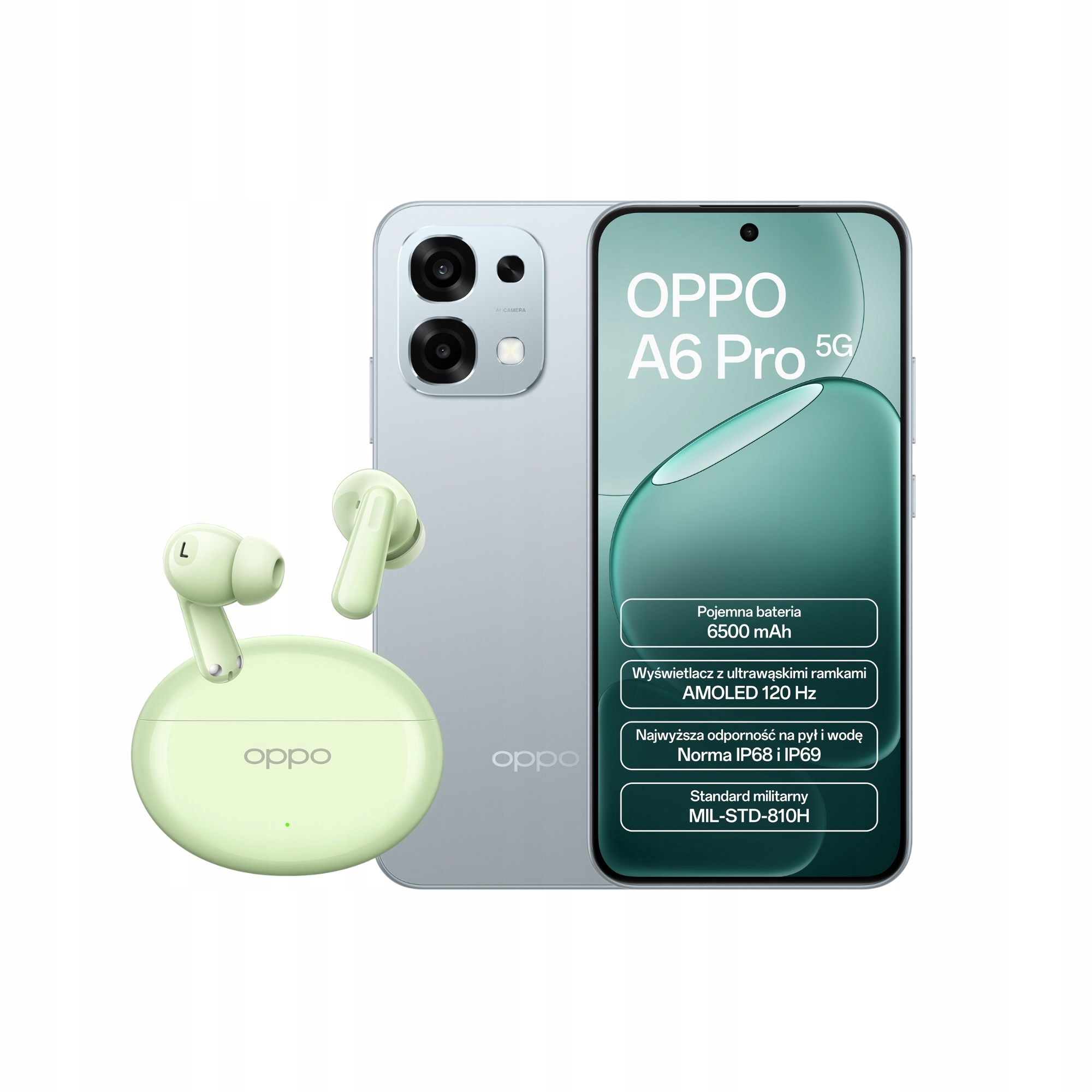 Smartfon Oppo A6 Pro 8/256 Gb 5G Szary Słuchawki Oppo Enco Air4 zielone
