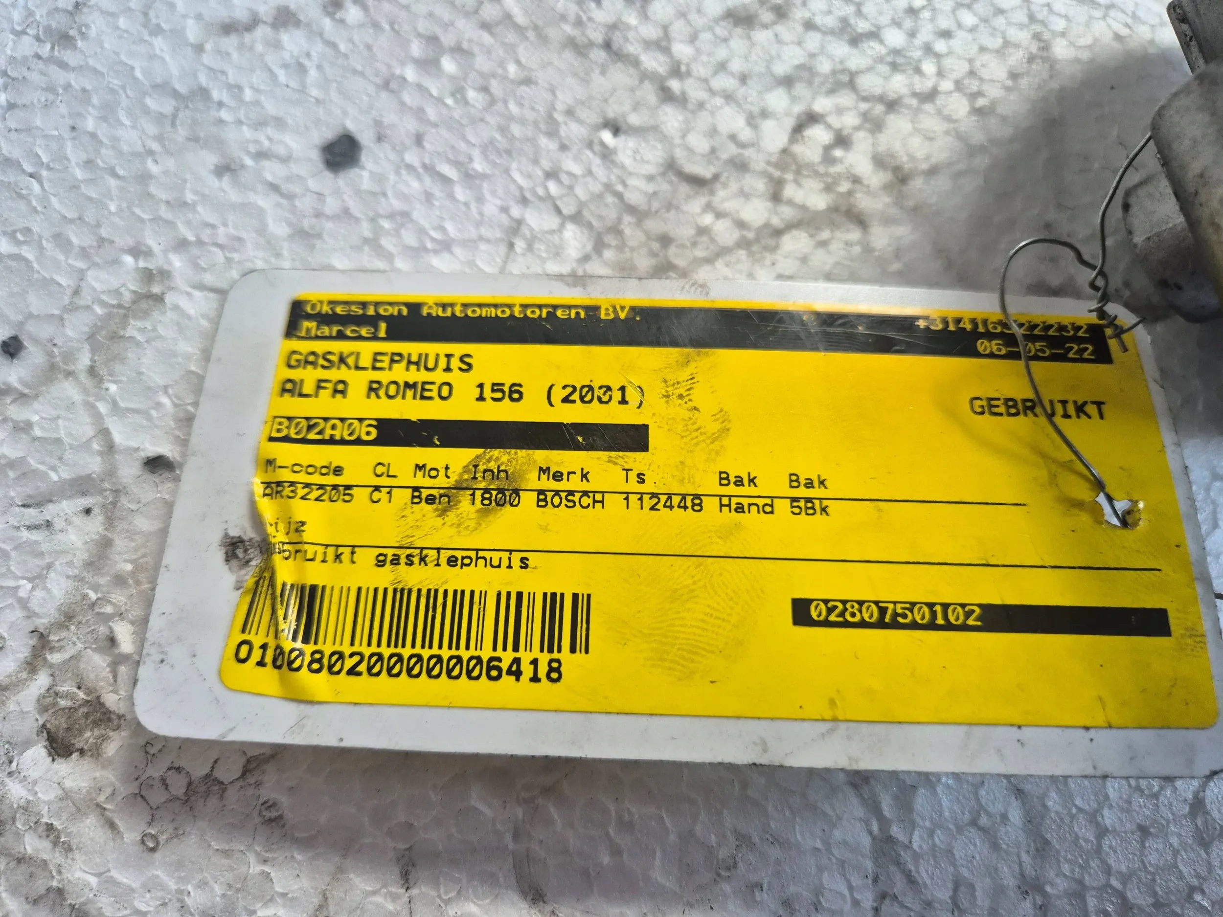 Valvola a farfalla 0280750102 Alfa Romeo 156 2.0 16V 01