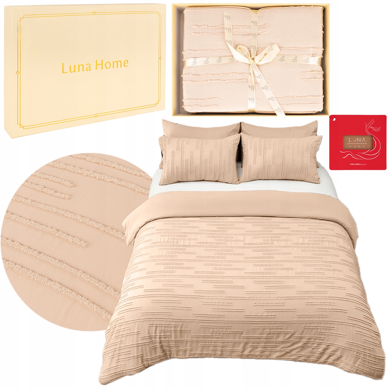 Komplet Pościeli Żakardowa 200x220 2x Poszewki Prześcieradło Pudełko Beżowa