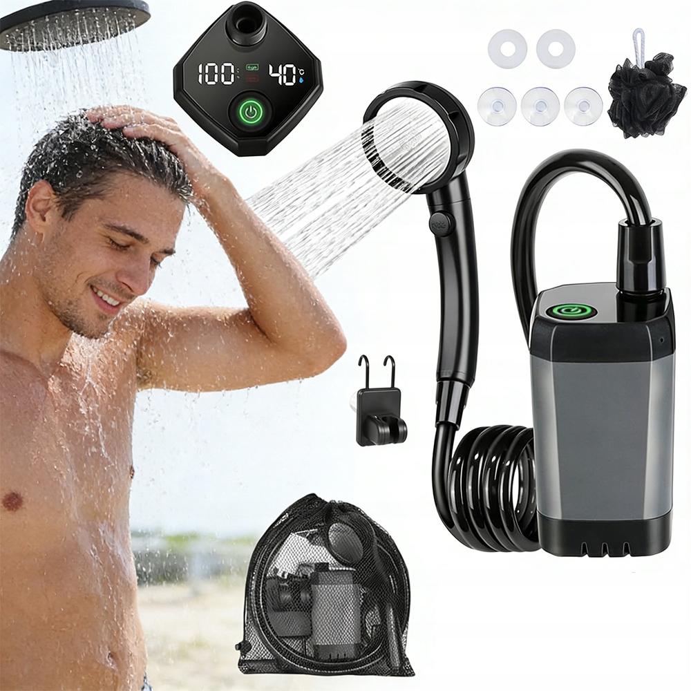 Prysznic Turystyczny Kempingowy Z Pompą Ekran Led Akumulator 6000MAH