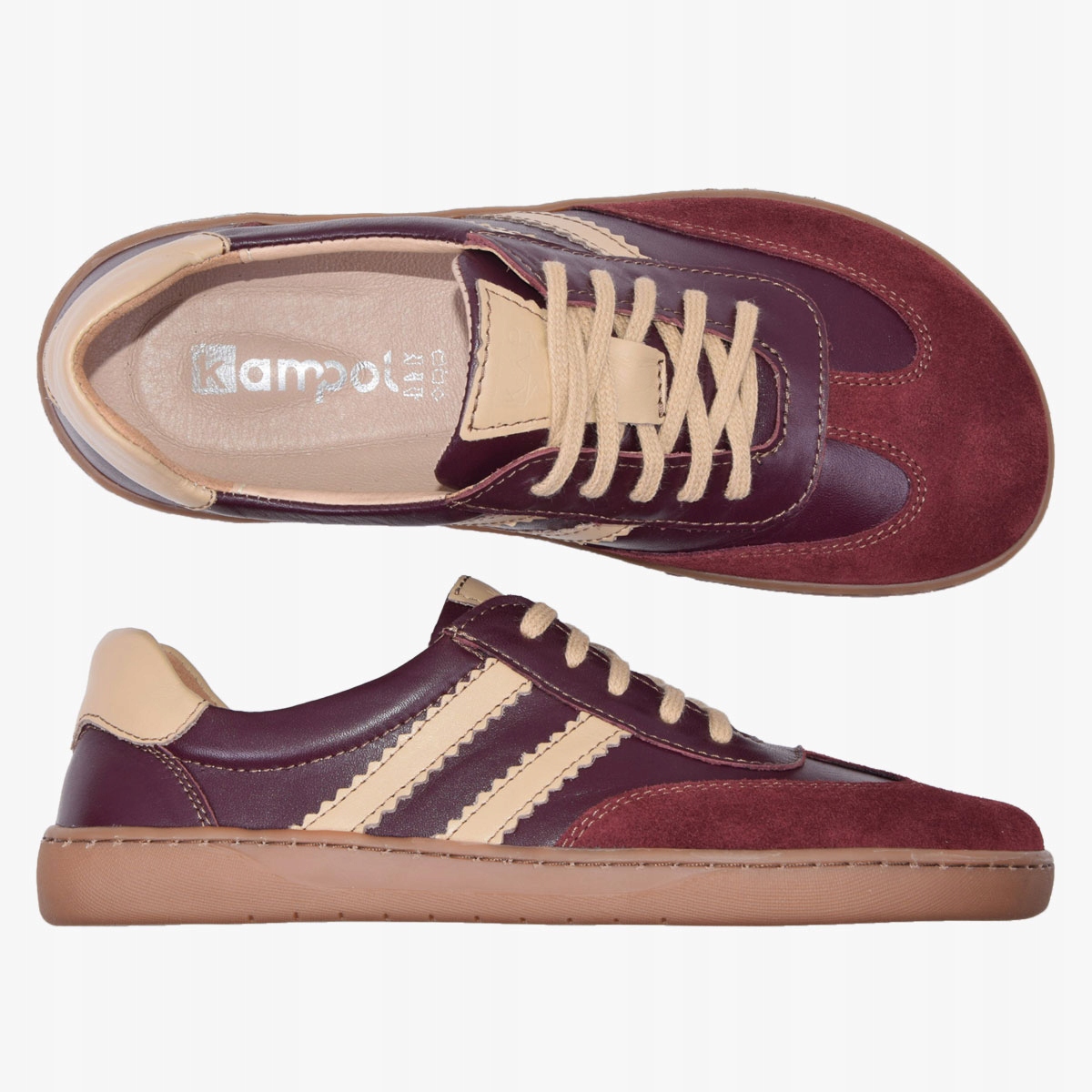 Buty Damskie Barefoot Skórzane Minimalistyczne Szerokie Bordowe Kampol 38