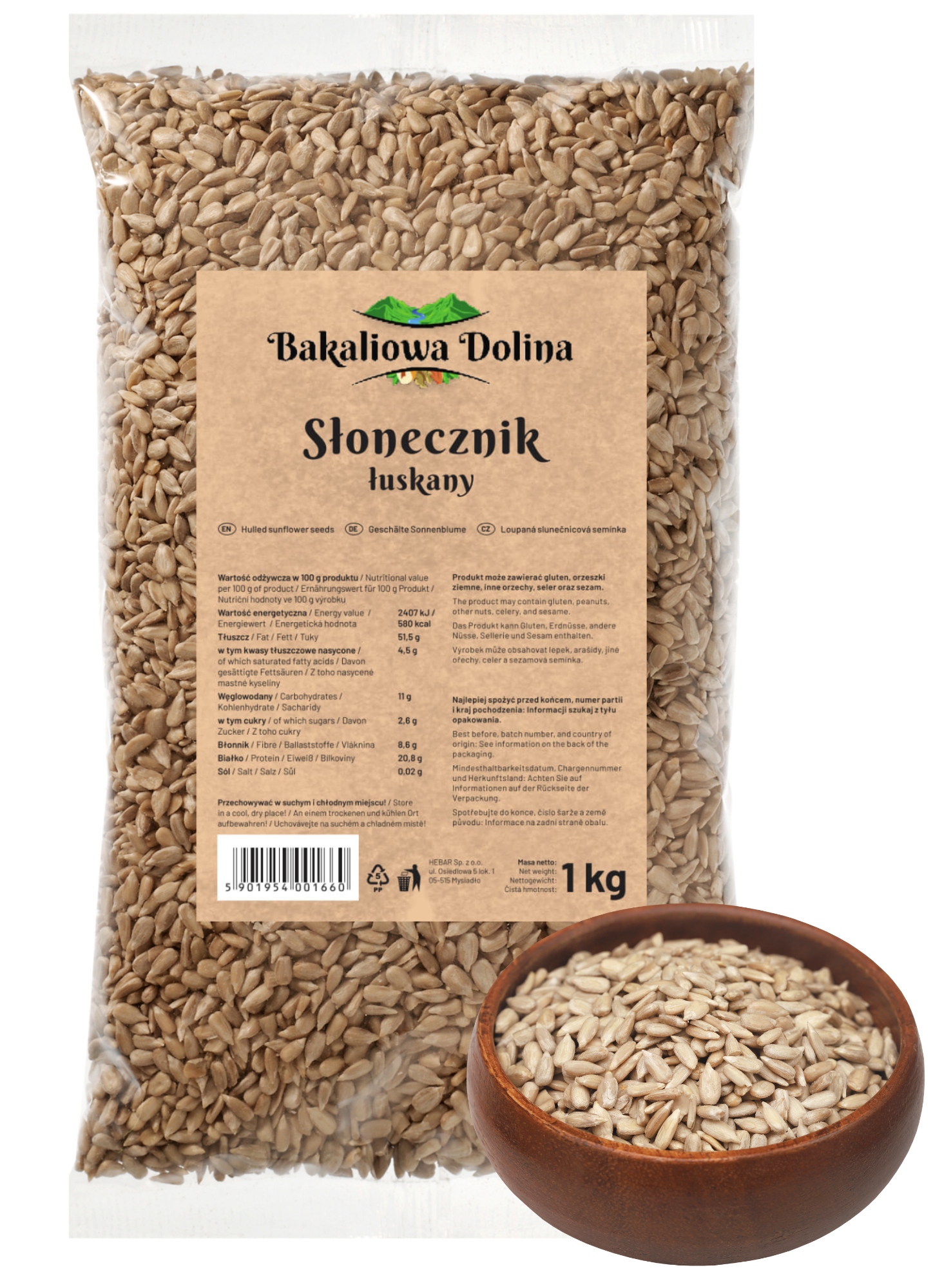 Słonecznik Łuskany 1KG Pestki Naturalne Ziarno Do Sałatek Bakaliowa Dolina