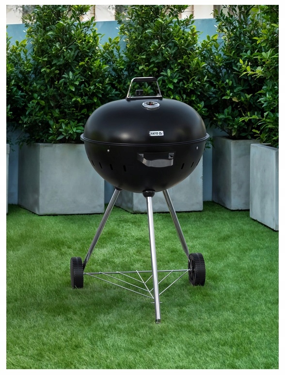 Grill Węglowy Kulisty Ogrodowy Ruszt 54cm Pokrywa Kółka Półka Yato YG-20300