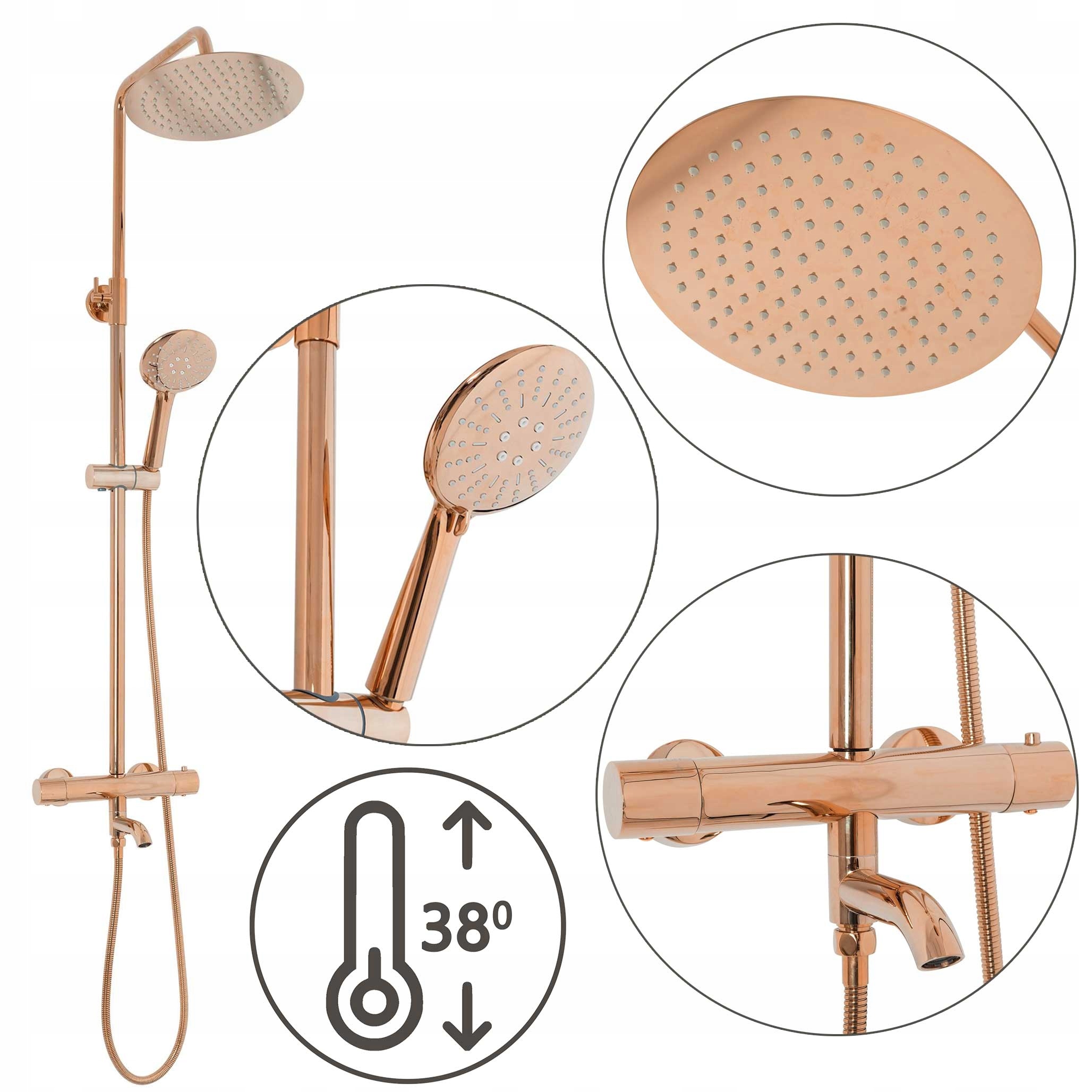 Nástenný sprchový set s termostatom Lungo Ružové Zlato s pohyblivým ramenom