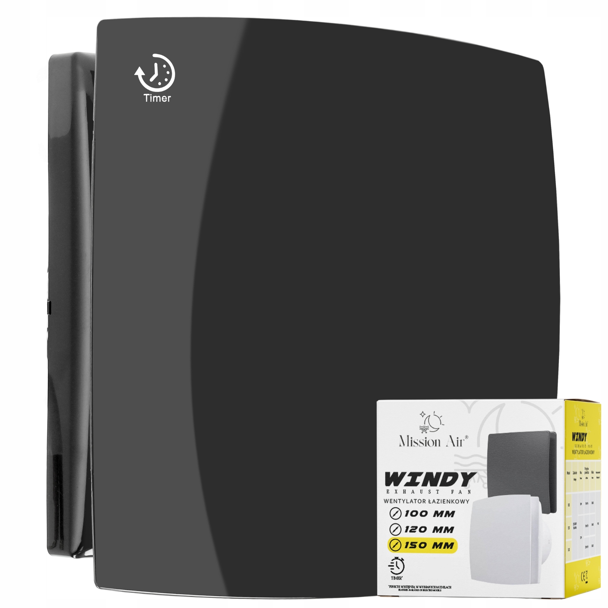 Koupelnový Ventilátor Windy 150 T Černý tichý Časovač Klapka Zpětný Ventil