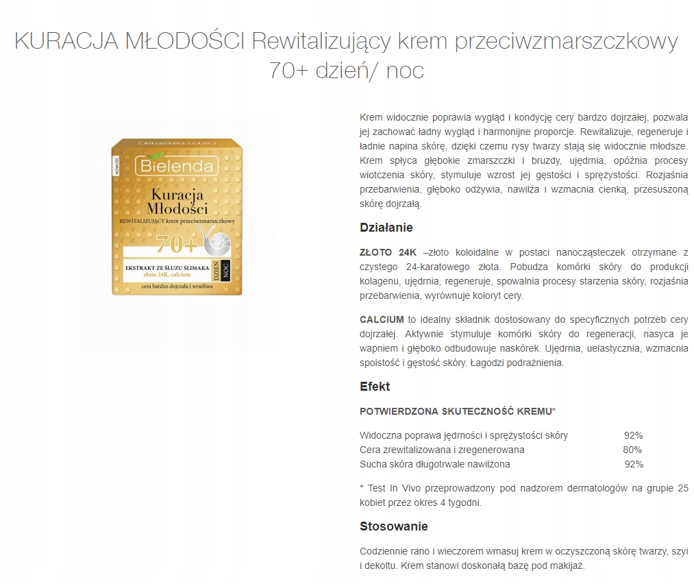 BIELENDA KM 70+ KREM p/ZMARSZCZ ZE ŚLUZEM ŚLIMAKA Rodzaj dzień i noc