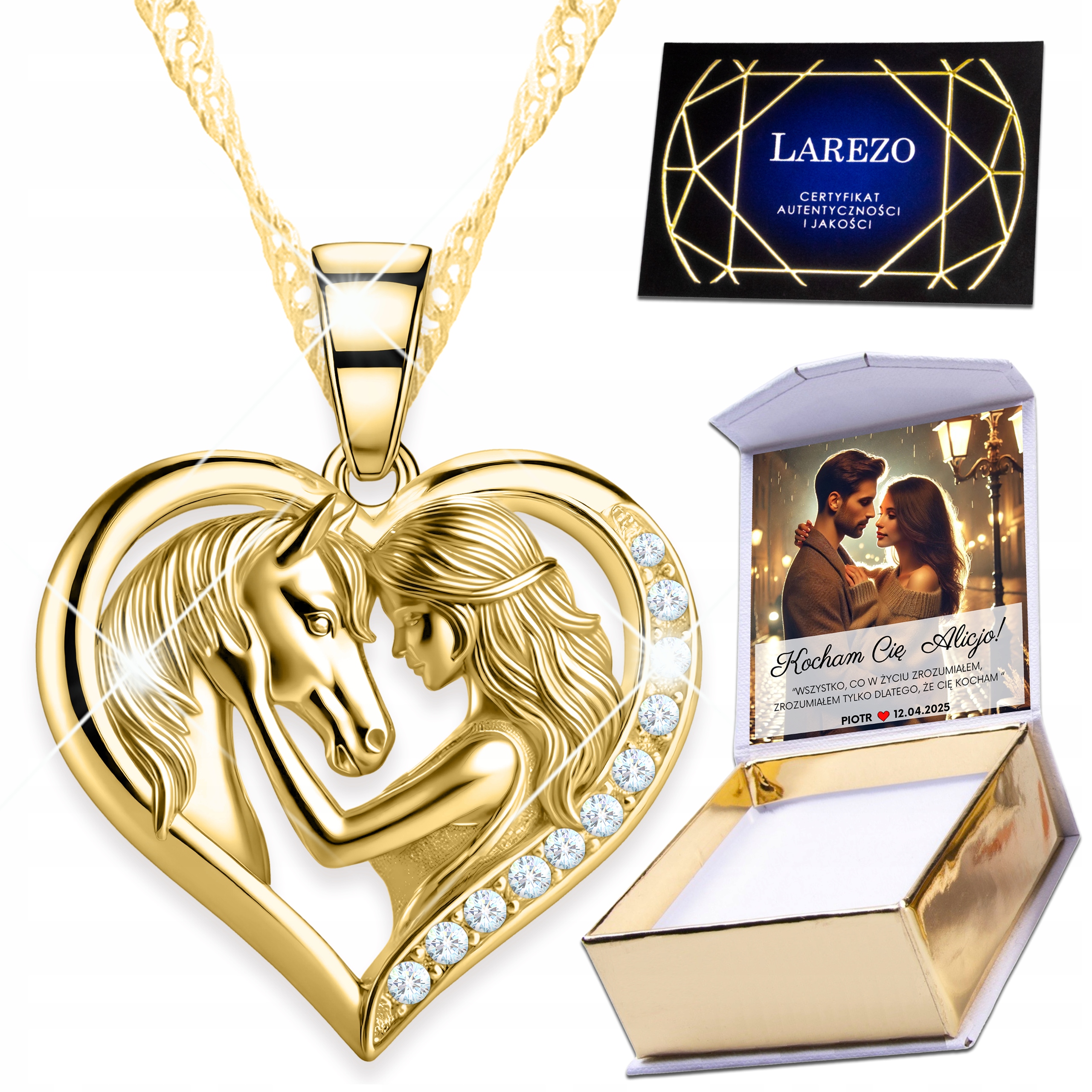 Zlatý náhrdelník 925 Srdce s krystaly Kůň v srdci Koník Poník Potisk